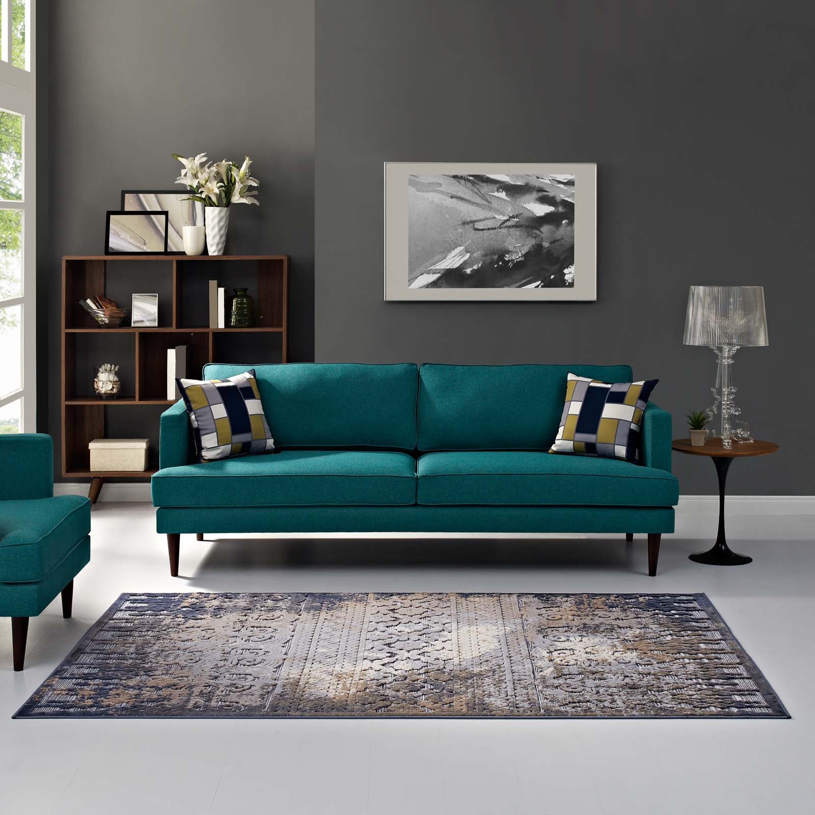 Modway Indoor Rugs - Kalene Distressed Vintage Turkish 8X10 Area Rug Blue, Rust & Cream