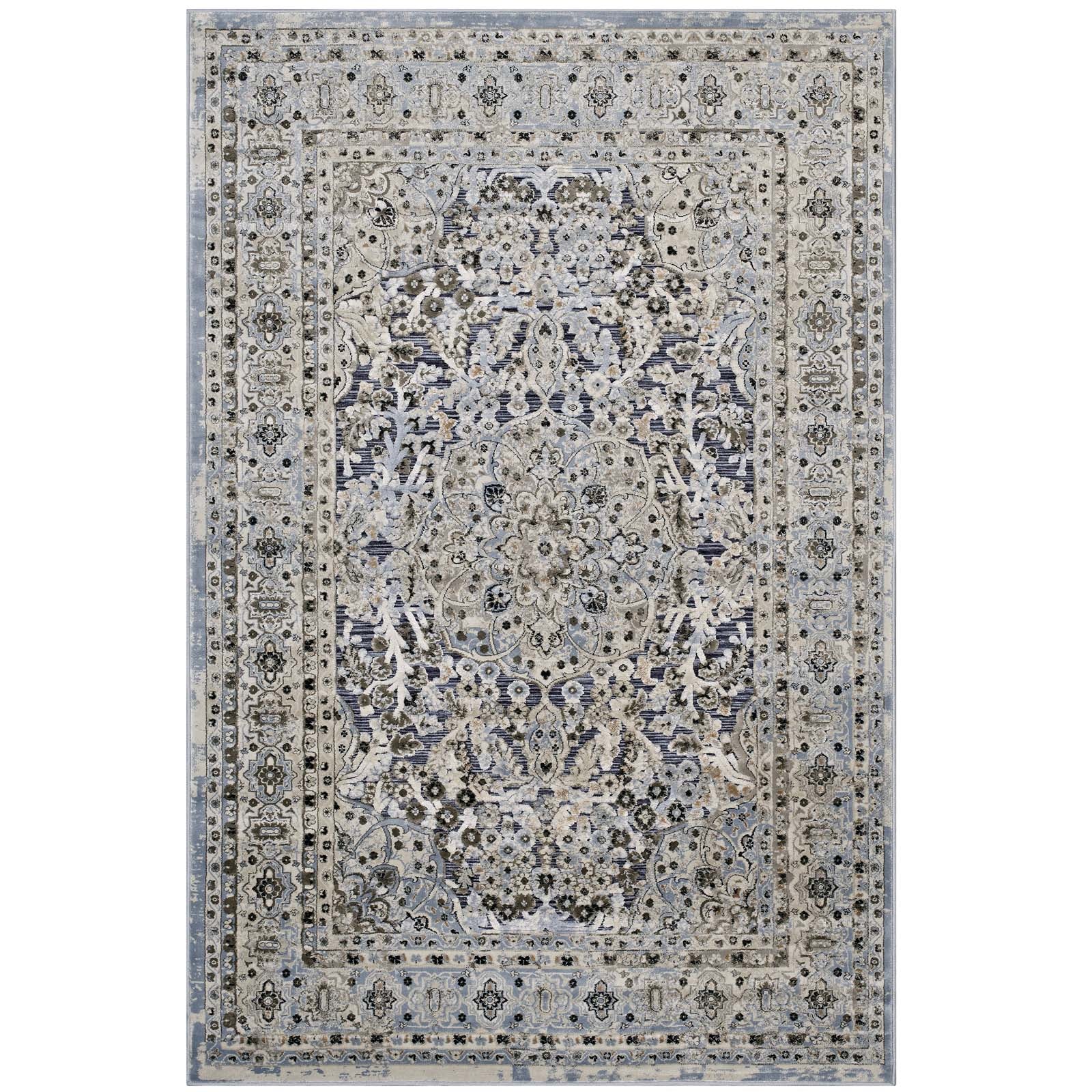 Modway Indoor Rugs - Elqenna Ornate Vintage Floral Turkish 5x8 Area Rug Blue & Cream
