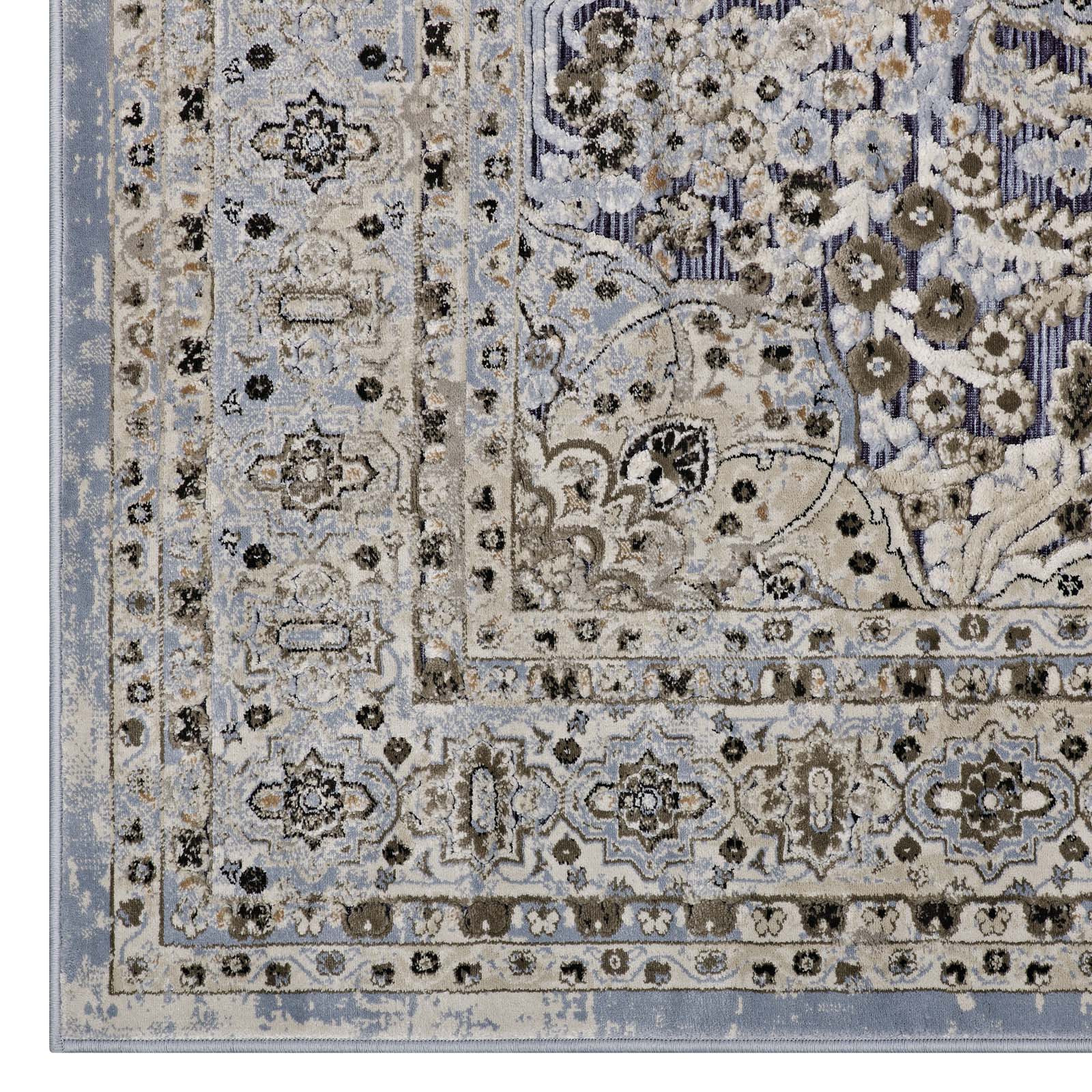 Modway Indoor Rugs - Elqenna Ornate Vintage Floral Turkish 5x8 Area Rug Blue & Cream