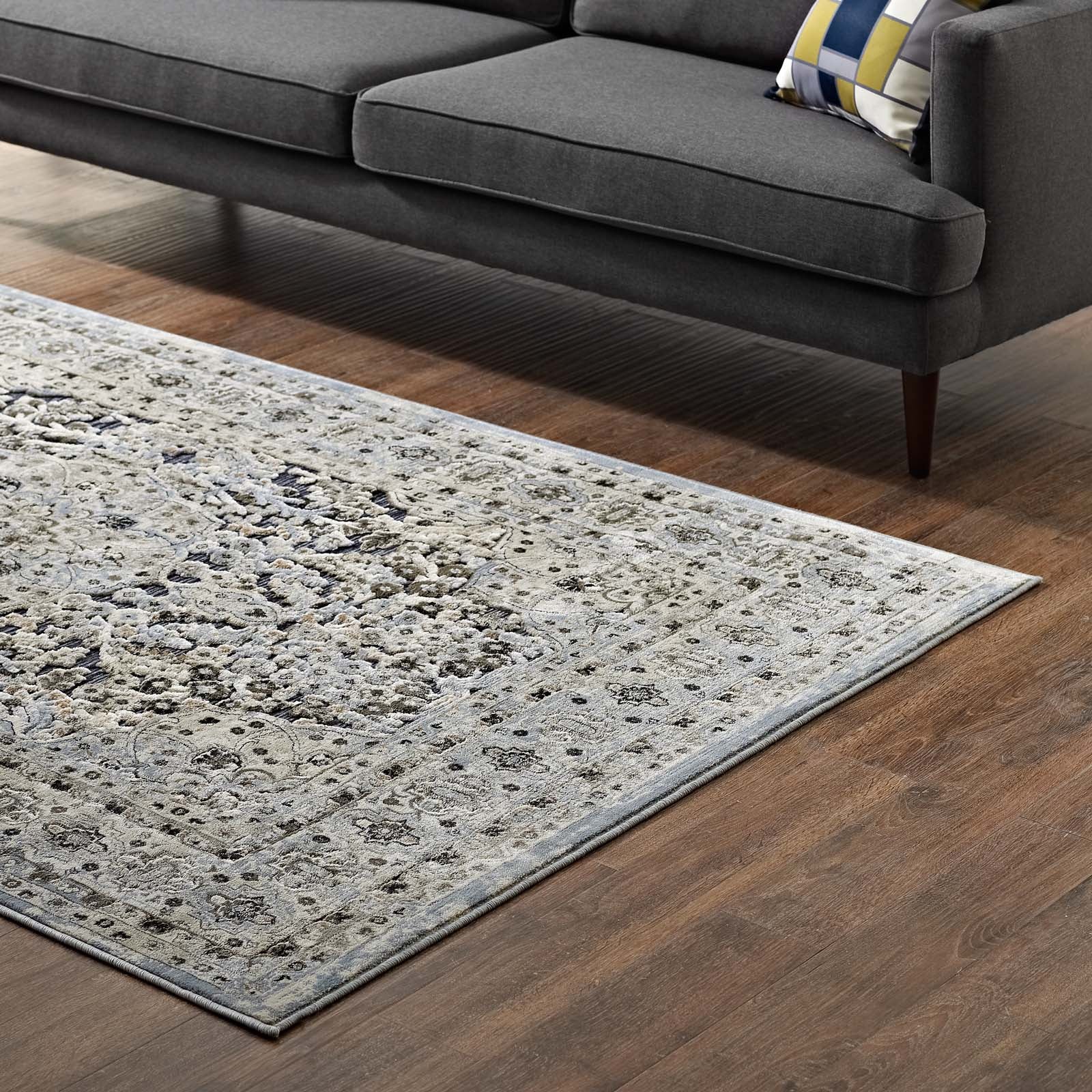 Modway Indoor Rugs - Elqenna Ornate Vintage Floral Turkish 5x8 Area Rug Blue & Cream