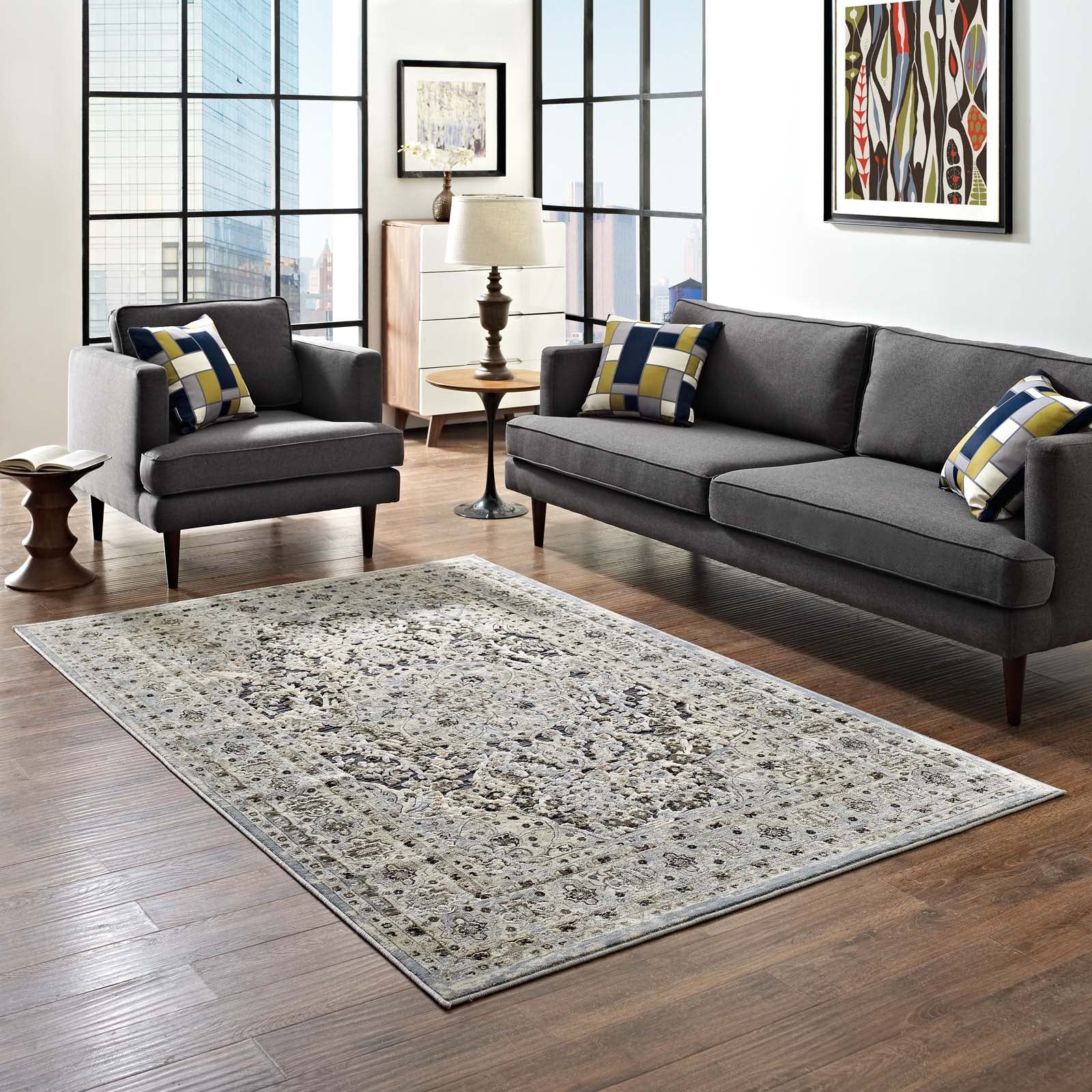 Modway Indoor Rugs - Elqenna Ornate Vintage Floral Turkish 5x8 Area Rug Blue & Cream