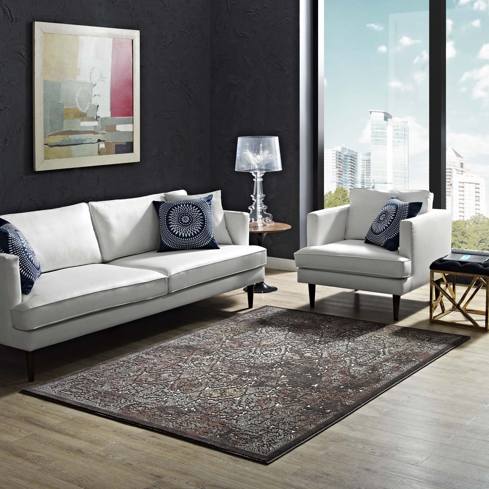 Modway Indoor Rugs - Westia Ornate Turkish 5x8 Vintage Area Rug Dark Brown & Silver Blue