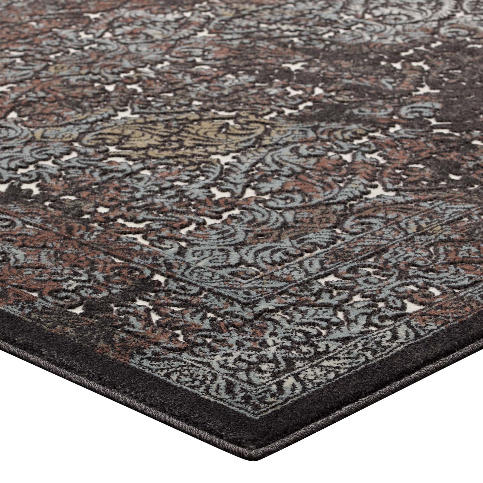 Modway Indoor Rugs - Westia Ornate Turkish 8x10 Vintage Area Rug Dark Brown & Silver Blue