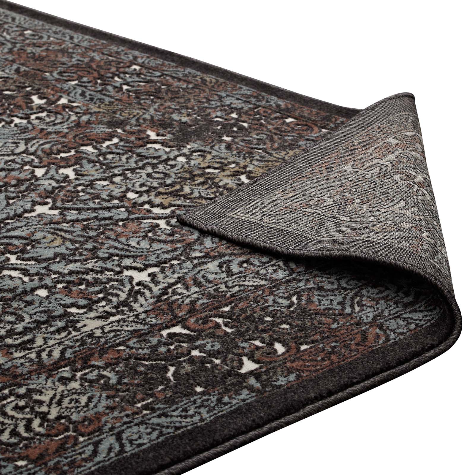 Modway Indoor Rugs - Westia Ornate Turkish 8x10 Vintage Area Rug Dark Brown & Silver Blue