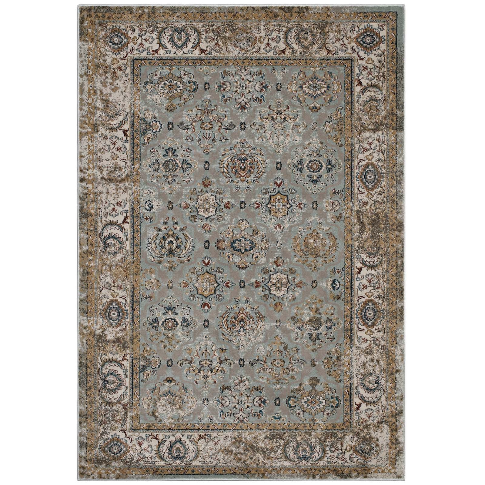 Modway Indoor Rugs - Hisa Distressed Vintage Floral Lattice 5x8 Area Rug Silver Blue, Beige & Brown