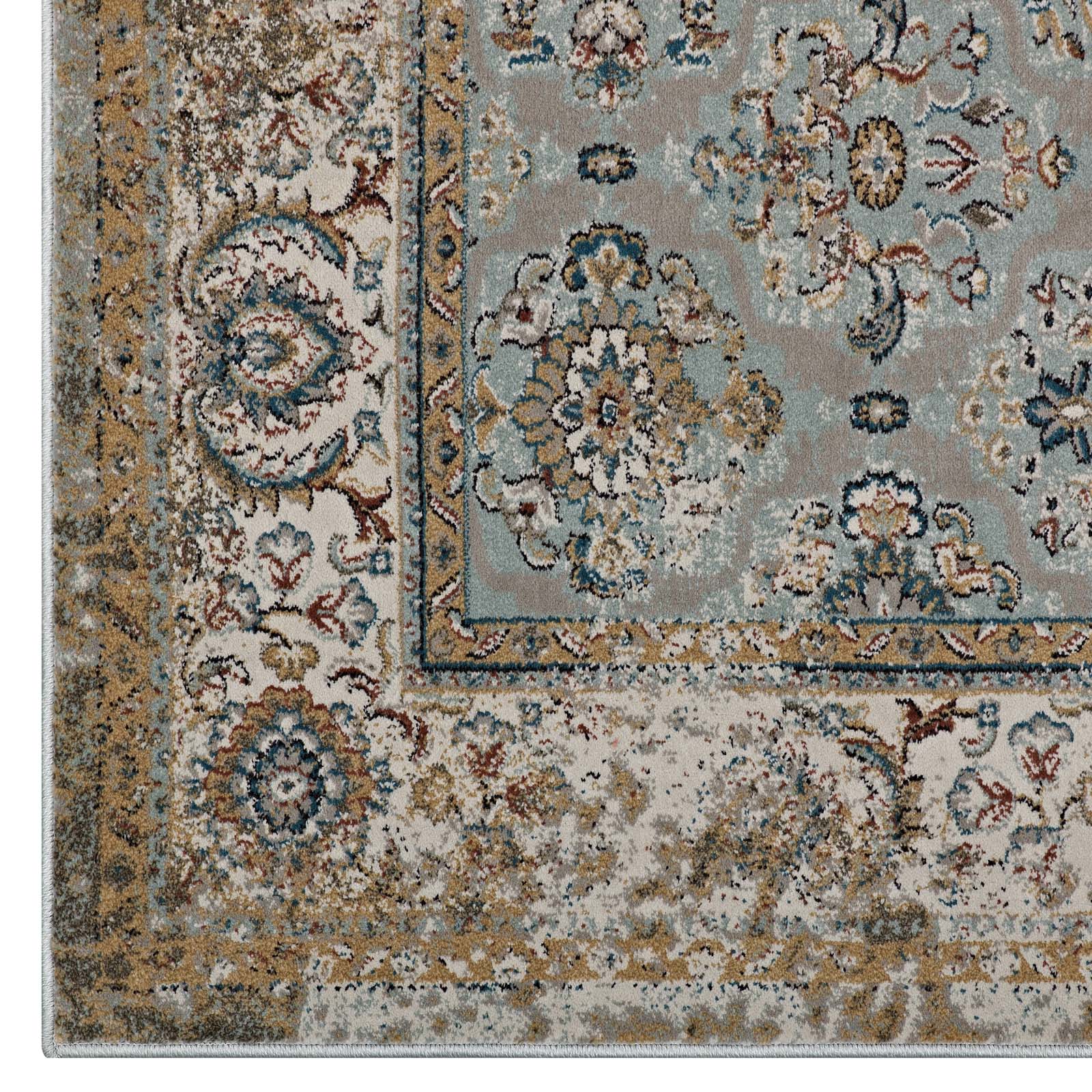 Modway Indoor Rugs - Hisa Distressed Vintage Floral Lattice 5x8 Area Rug Silver Blue, Beige & Brown