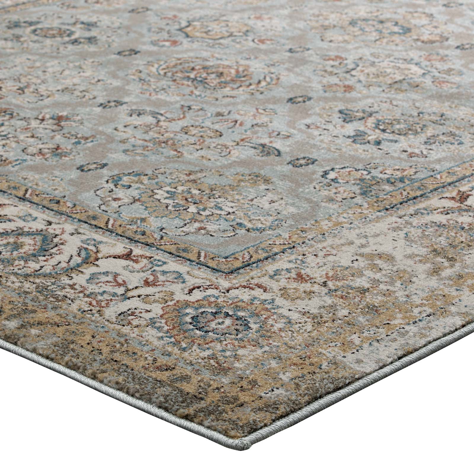 Modway Indoor Rugs - Hisa Distressed Vintage Floral Lattice 5x8 Area Rug Silver Blue, Beige & Brown