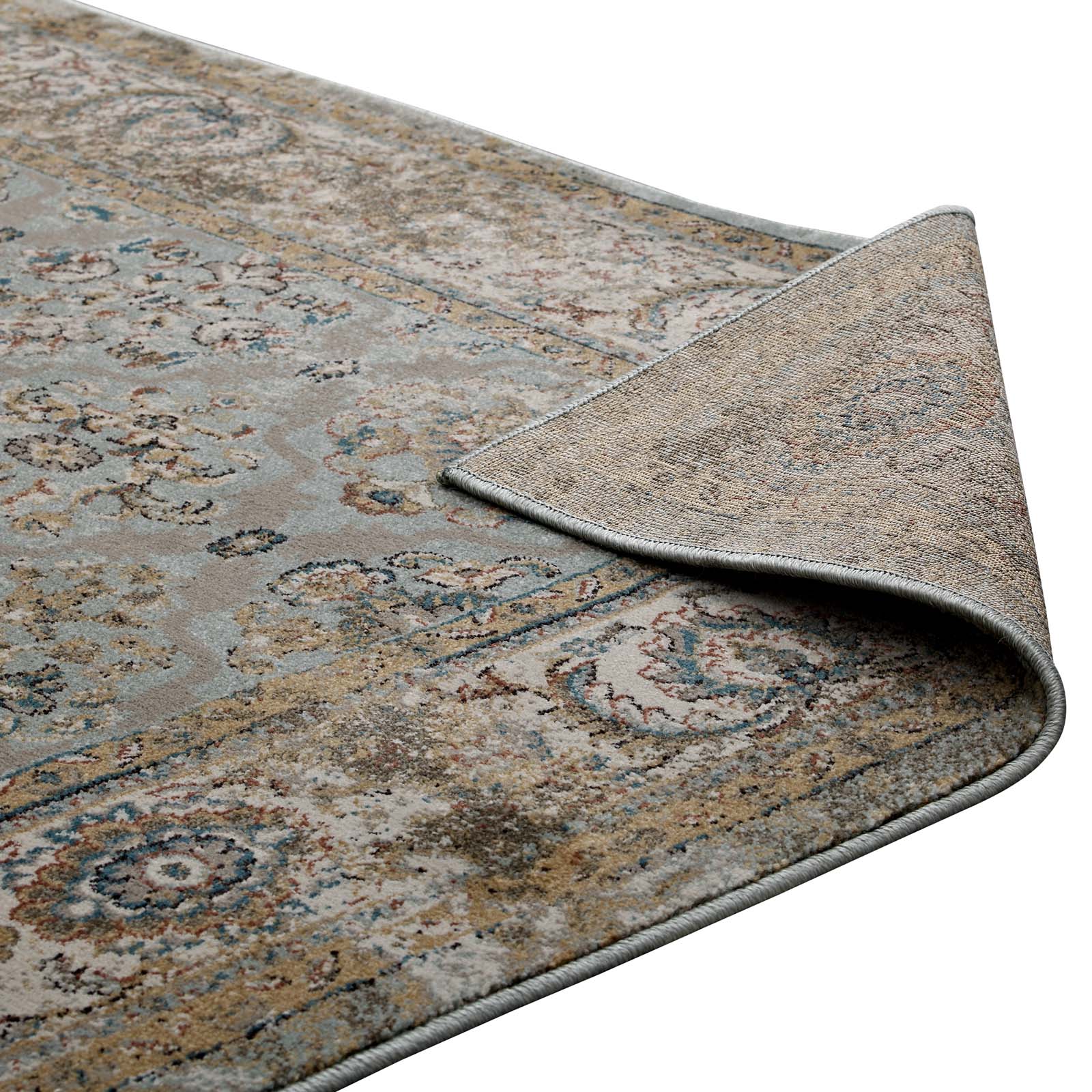 Modway Indoor Rugs - Hisa Distressed Vintage Floral Lattice 5x8 Area Rug Silver Blue, Beige & Brown