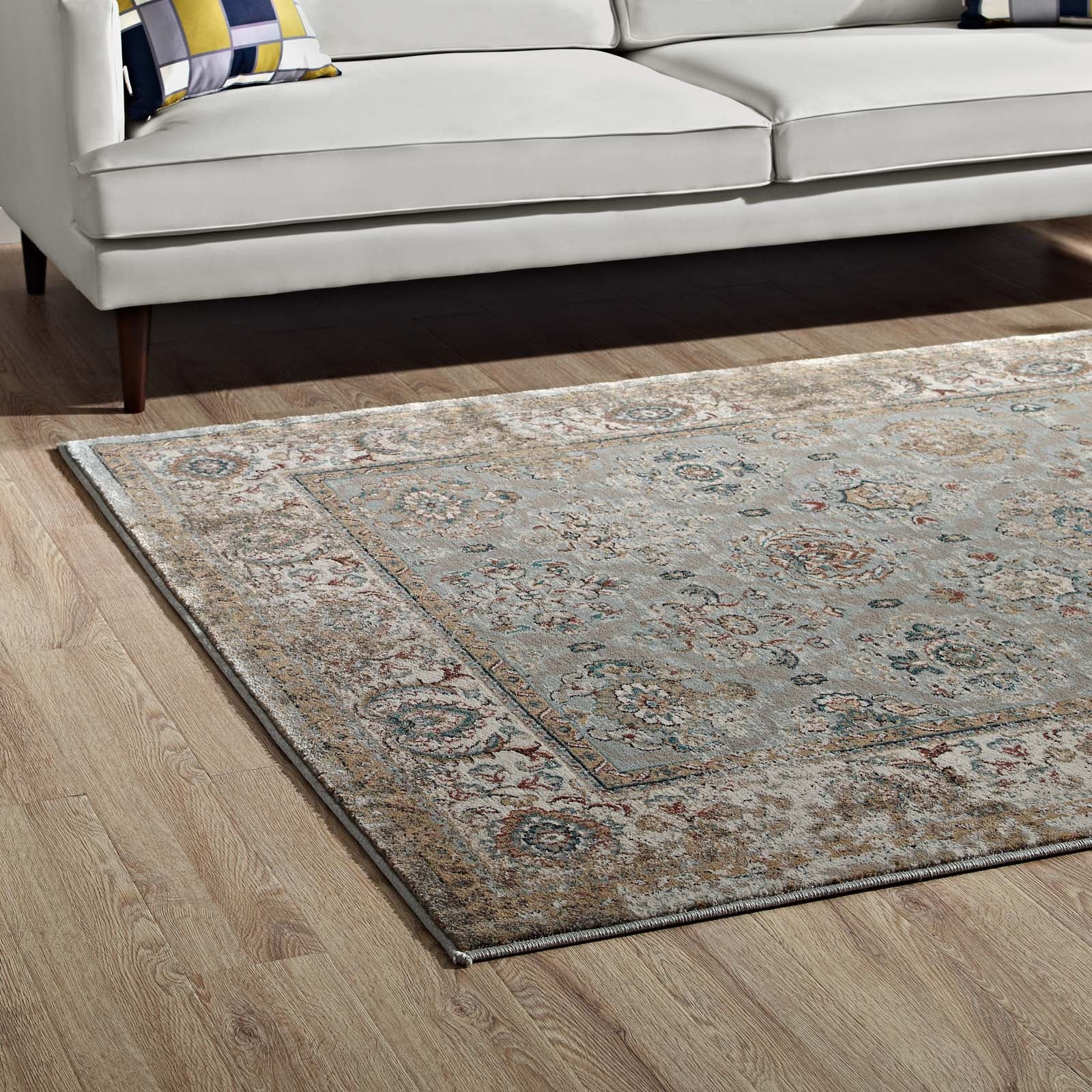 Modway Indoor Rugs - Hisa Distressed Vintage Floral Lattice 5x8 Area Rug Silver Blue, Beige & Brown