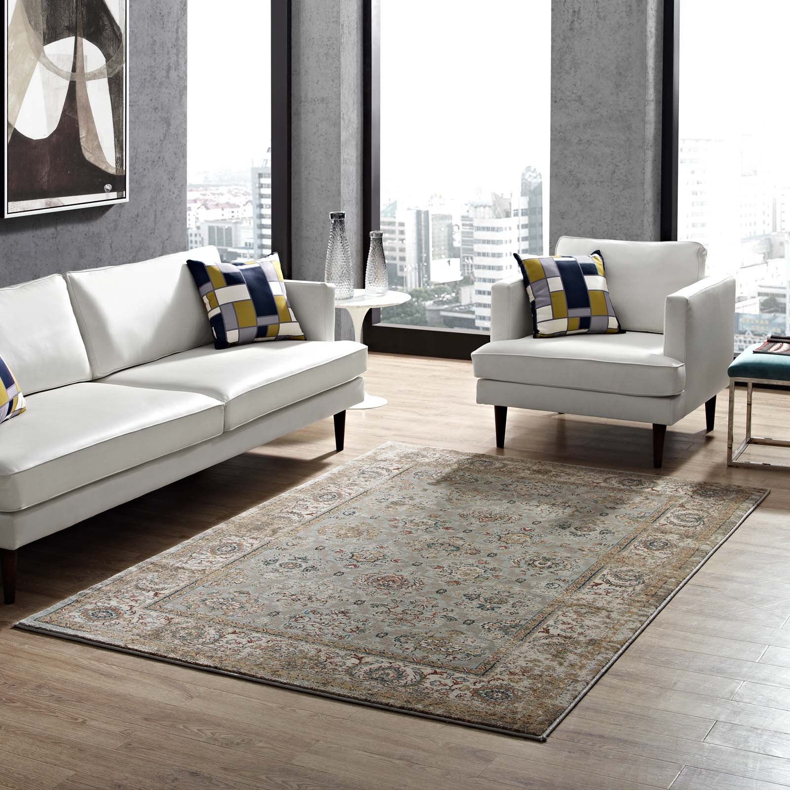Modway Indoor Rugs - Hisa Distressed Vintage Floral Lattice 5x8 Area Rug Silver Blue, Beige & Brown