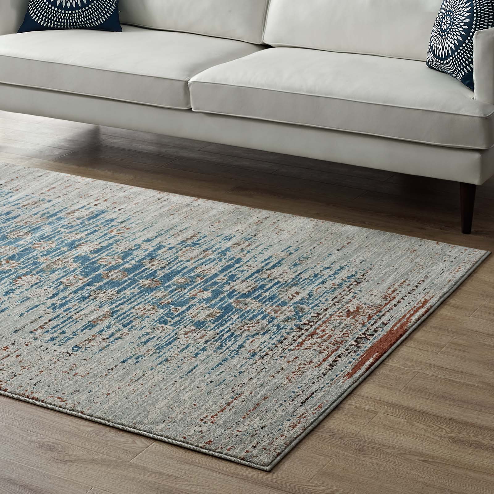 Modway Indoor Rugs - Hesper Distressed Contemporary Floral Lattice 5x8 Area Rug Teal & Beige