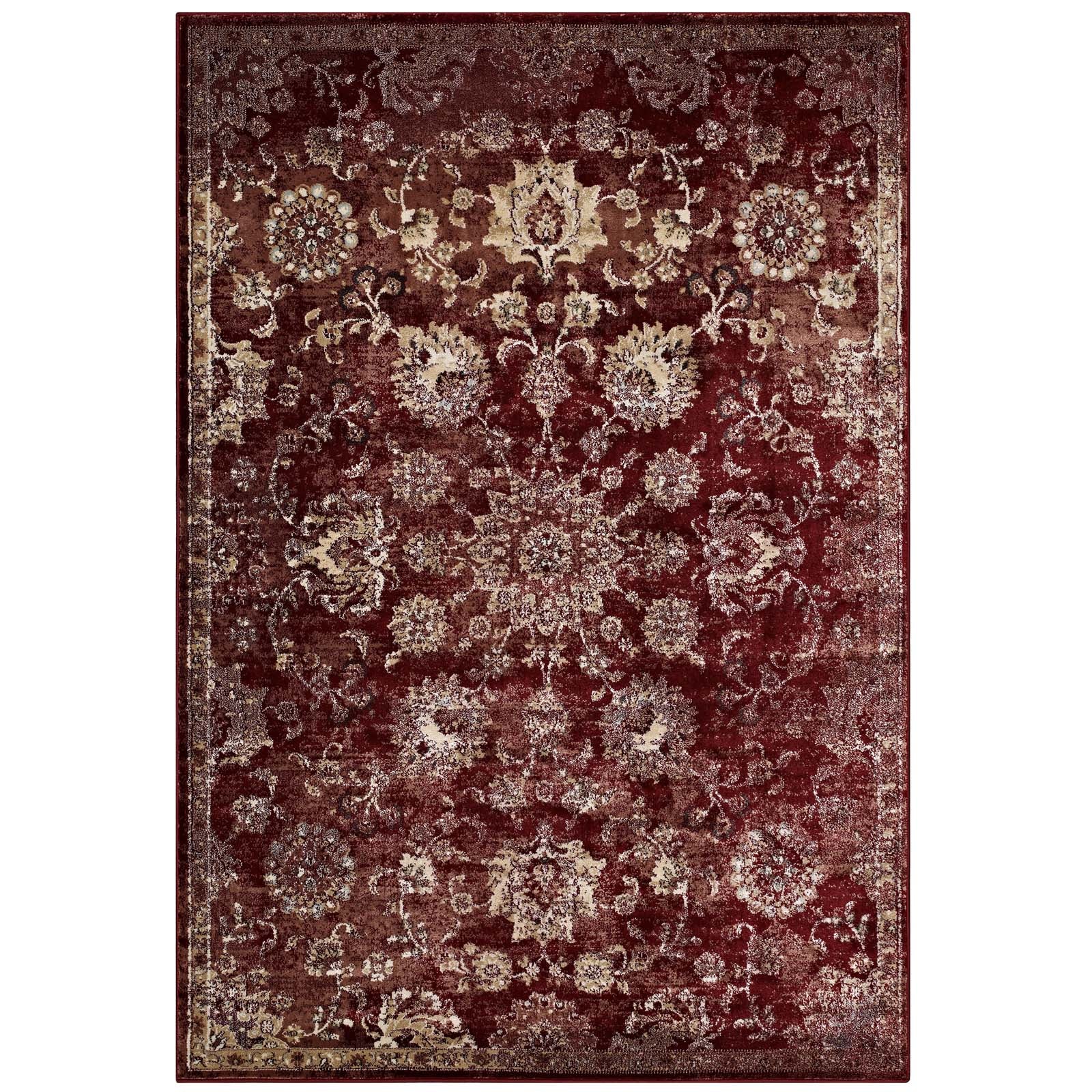 Modway Indoor Rugs - Cynara Distressed Floral Persian Medallion 5x8 Area Rug Burgundy & Beige