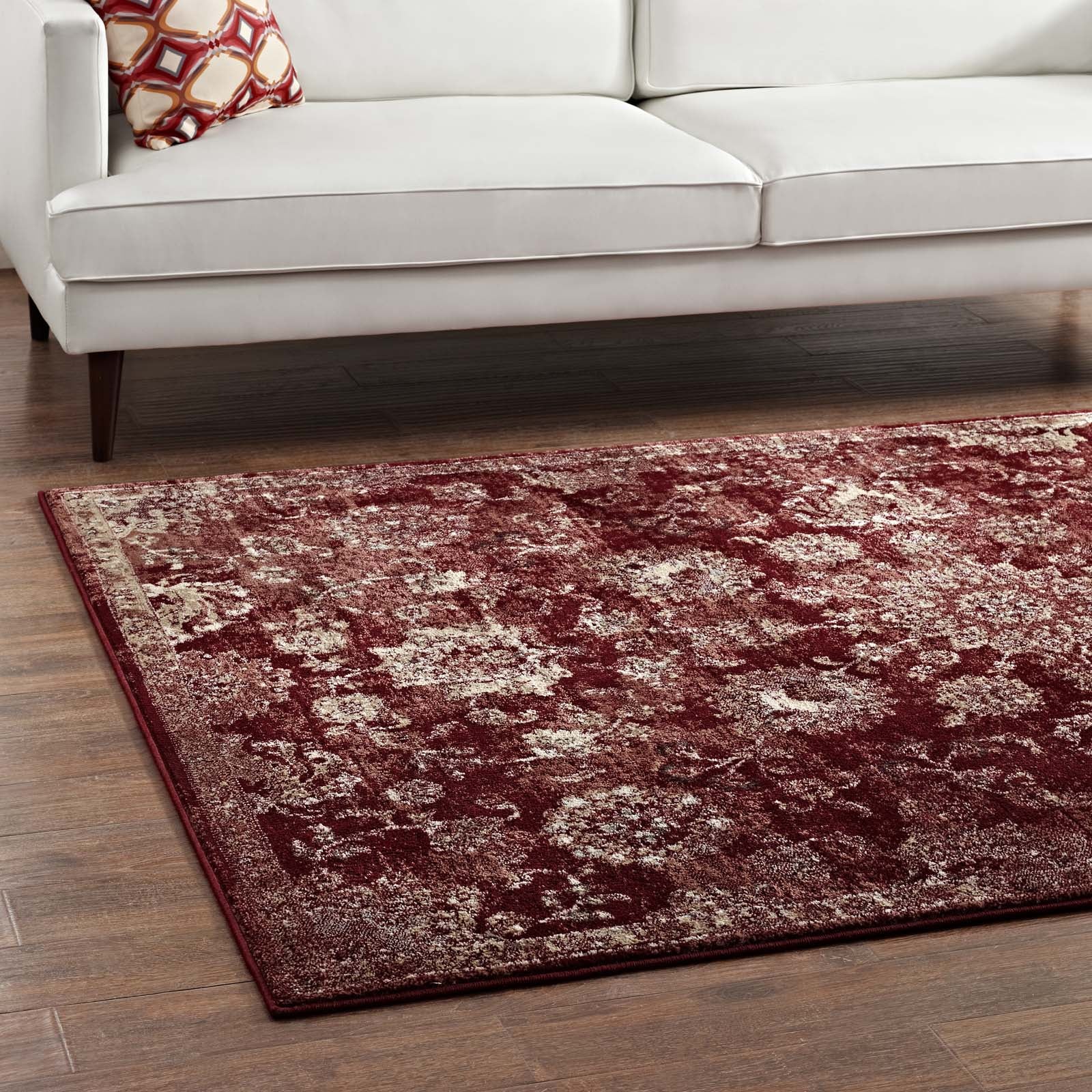 Modway Indoor Rugs - Cynara Distressed Floral Persian Medallion 5x8 Area Rug Burgundy & Beige