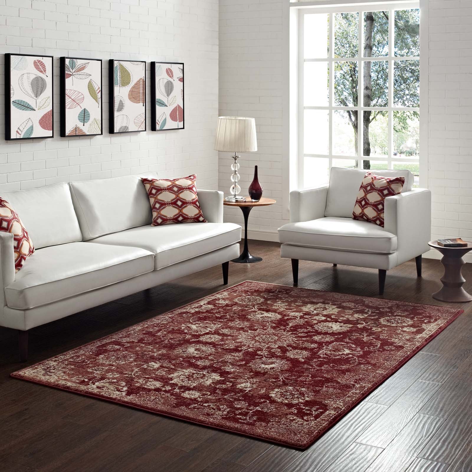 Modway Indoor Rugs - Cynara Distressed Floral Persian Medallion 5x8 Area Rug Burgundy & Beige