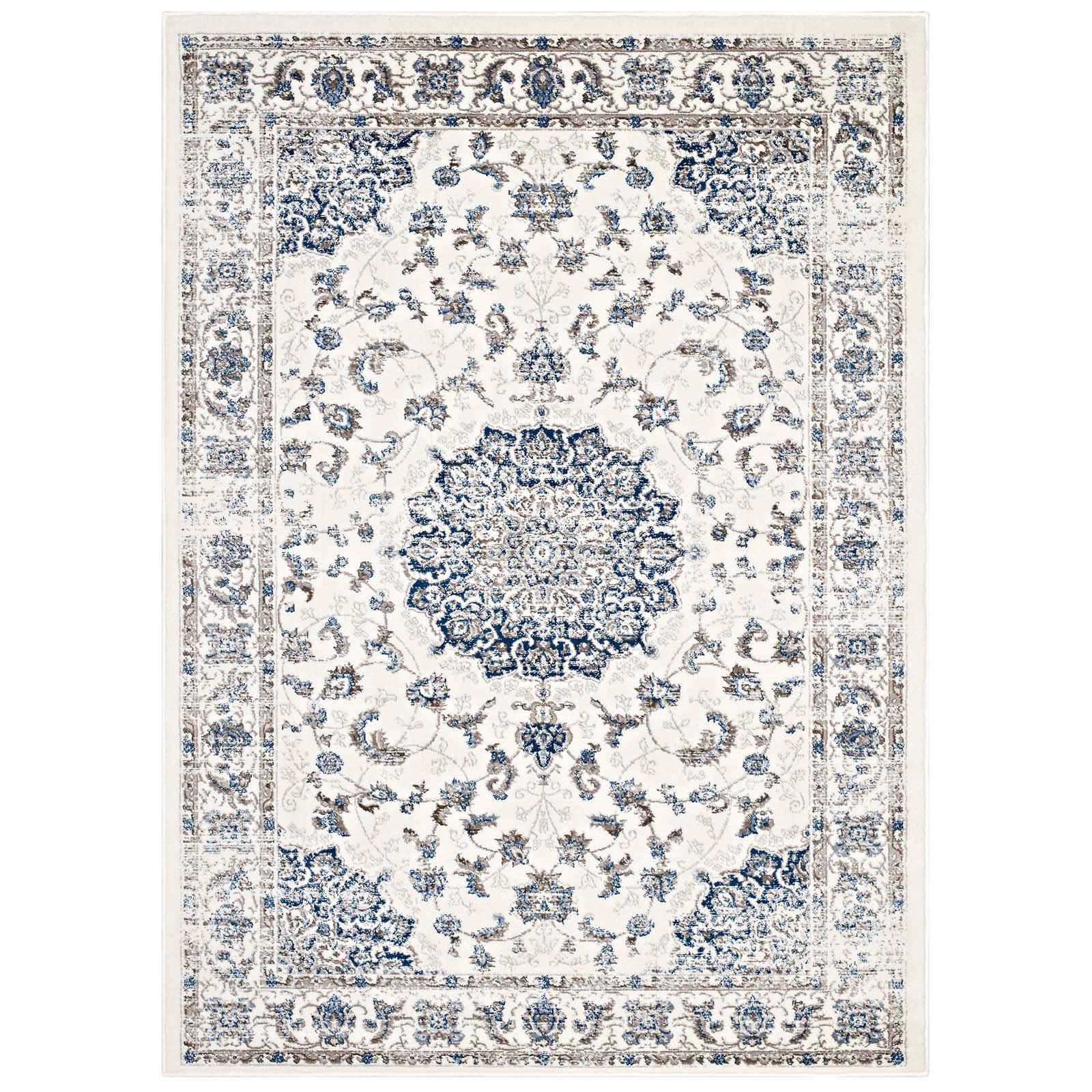 Modway Indoor Rugs - Lilja Distressed Vintage 5x8 Area Rug Ivory & Moroccan Blue