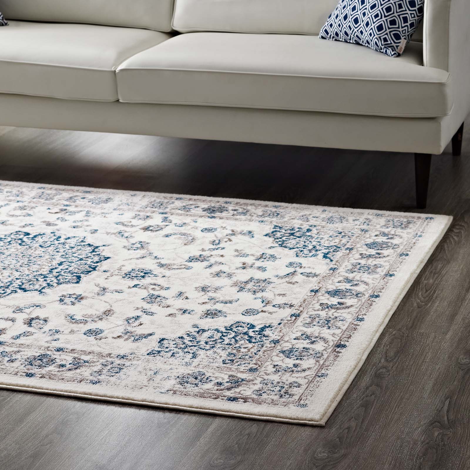 Modway Indoor Rugs - Lilja Distressed Vintage 5x8 Area Rug Ivory & Moroccan Blue