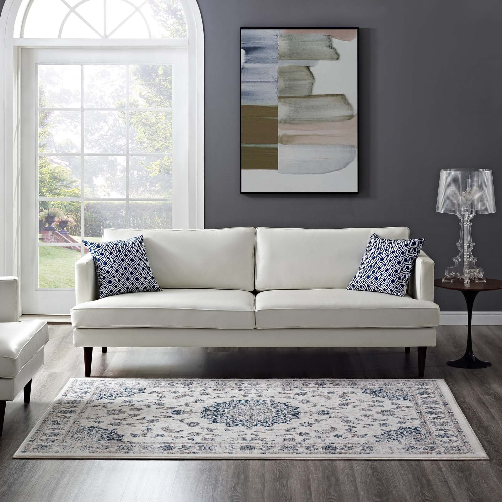Modway Indoor Rugs - Lilja Distressed Vintage 5x8 Area Rug Ivory & Moroccan Blue