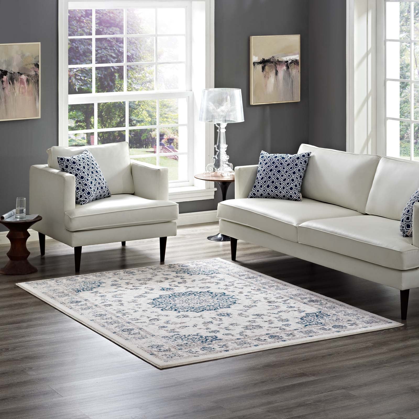 Modway Indoor Rugs - Lilja Distressed Vintage 5x8 Area Rug Ivory & Moroccan Blue