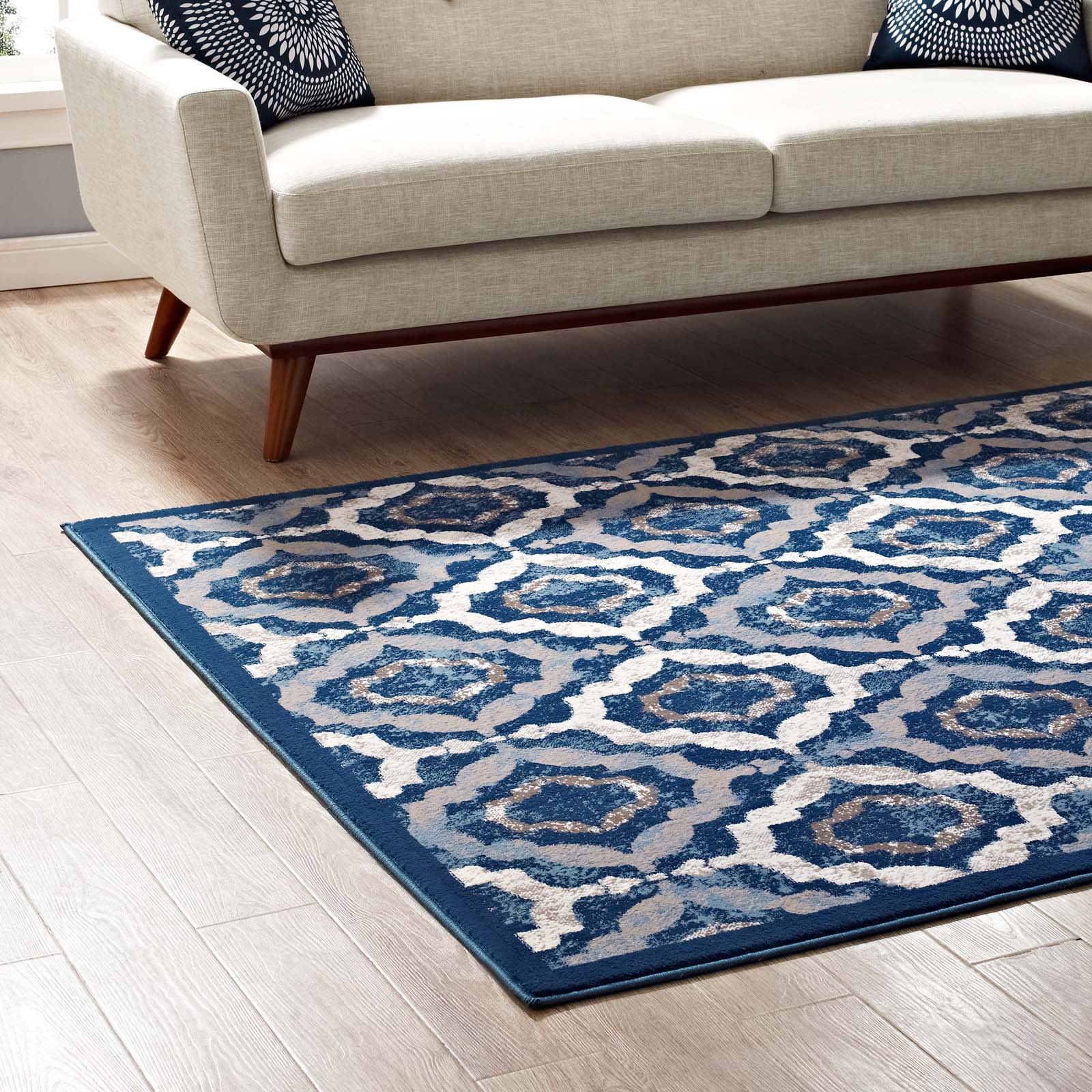 Modway Indoor Rugs - Kalinda Rustic Vintage Moroccan Trellis 5x8 Area Rug Beige & Moroccan Blue