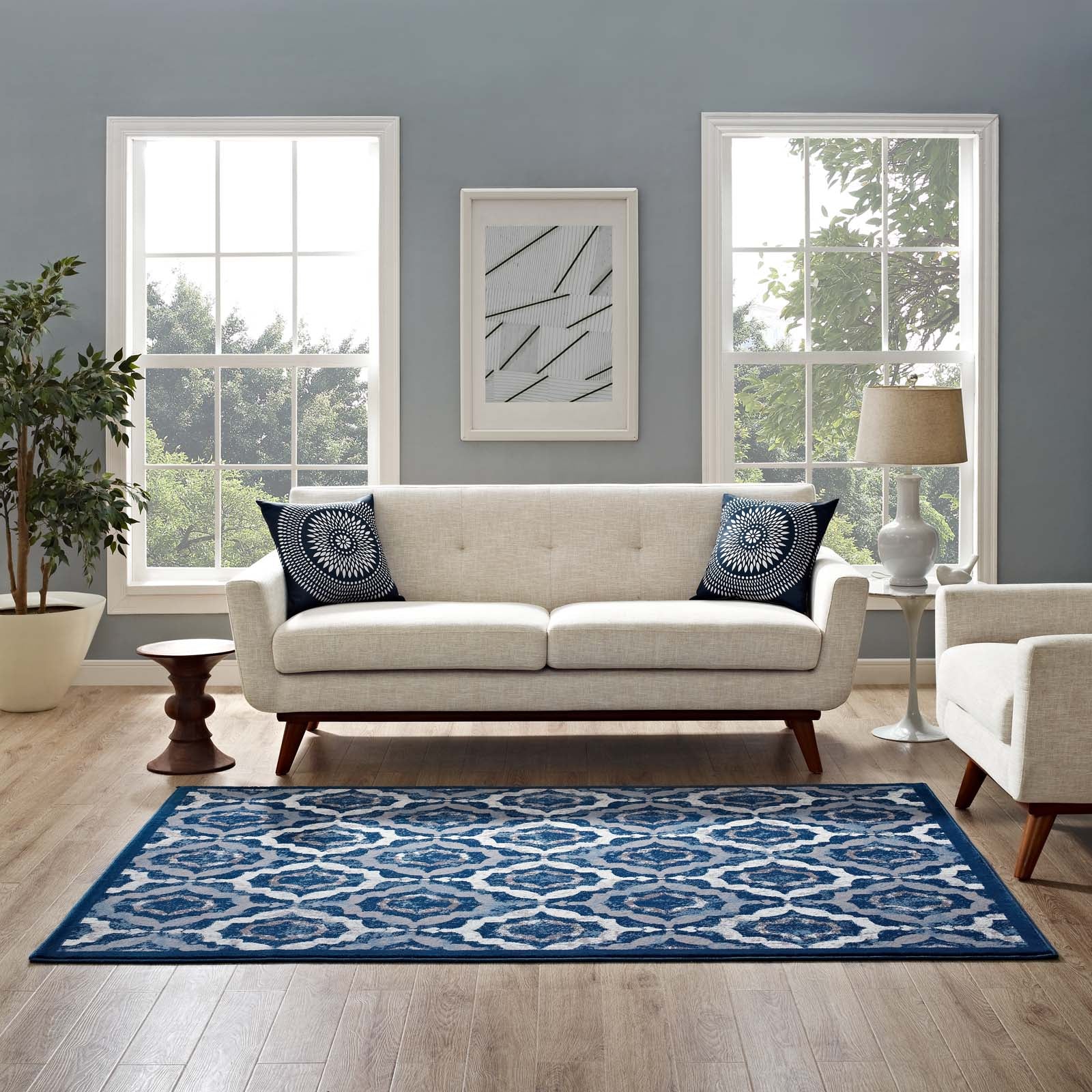 Modway Indoor Rugs - Kalinda Rustic Vintage Moroccan Trellis 5x8 Area Rug Beige & Moroccan Blue