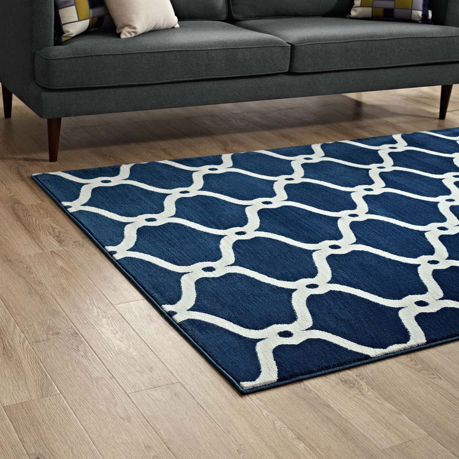Modway Indoor Rugs - Beltara Chain Link Transitional Trellis Area Rug Moroccon Blue & Ivory