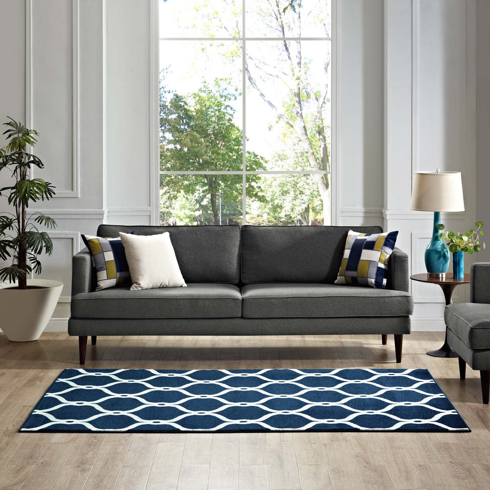 Modway Indoor Rugs - Beltara Chain Link Transitional Trellis Area Rug Moroccon Blue & Ivory