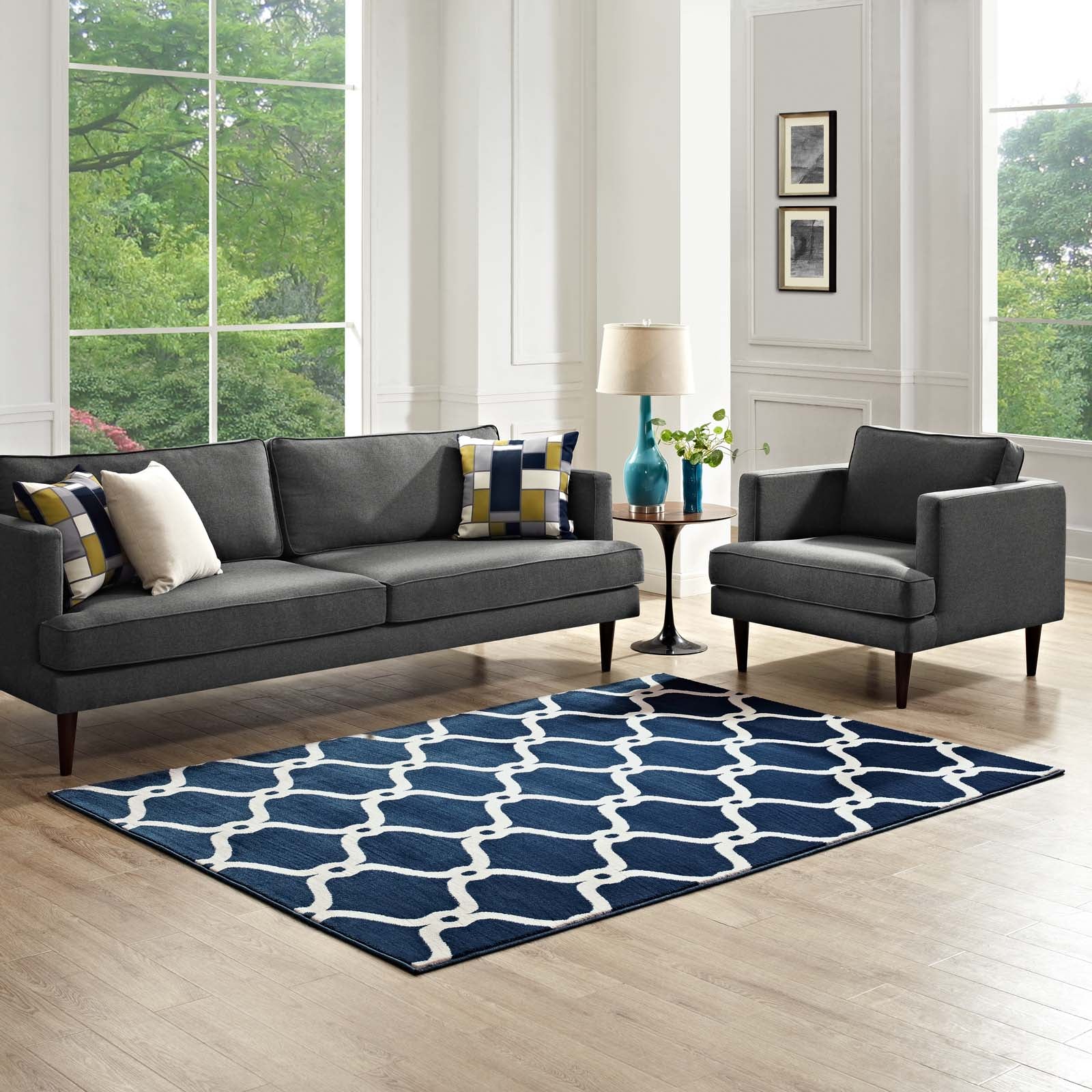 Modway Indoor Rugs - Beltara Chain Link Transitional Trellis Area Rug Moroccon Blue & Ivory