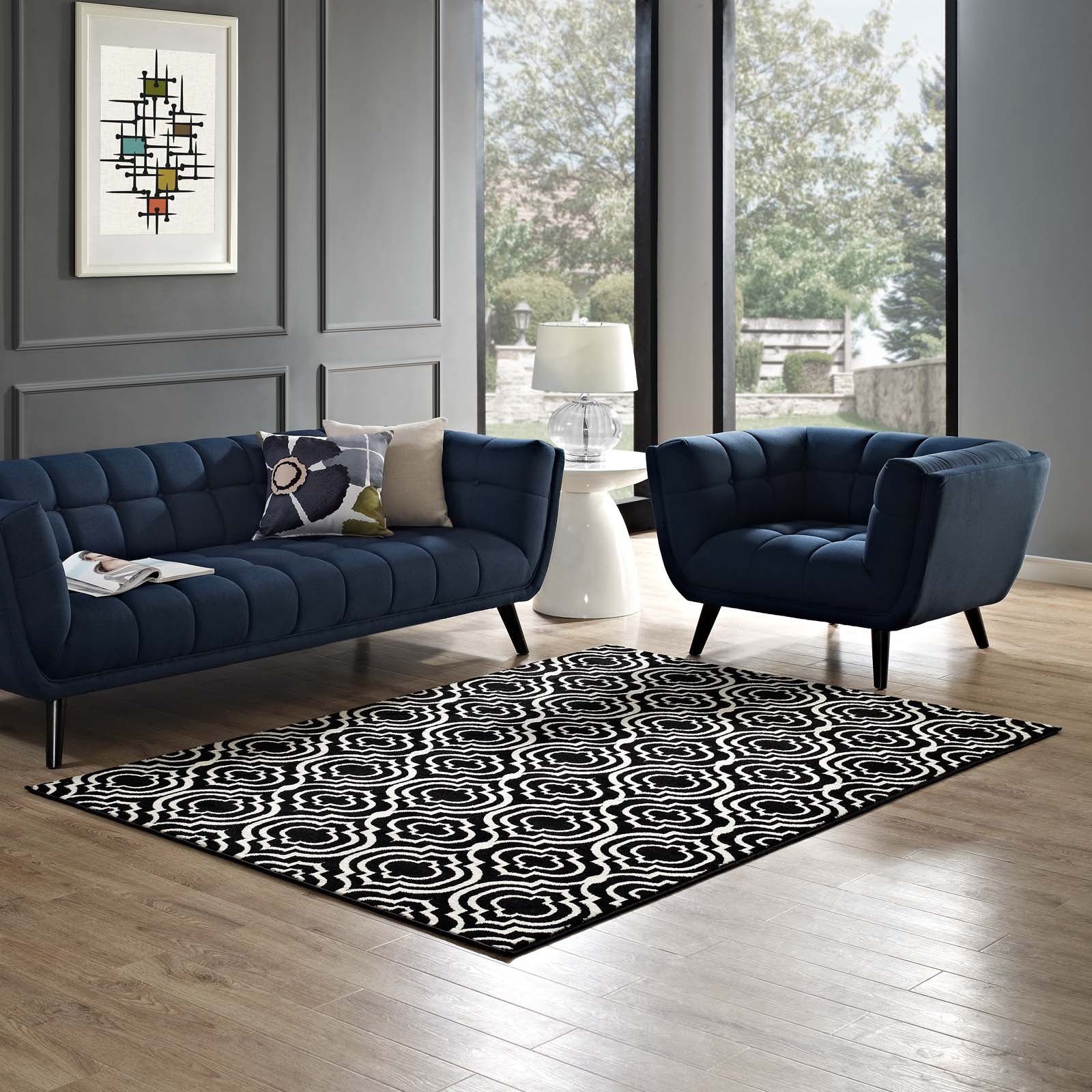 Modway Indoor Rugs - Frame Transitional Moroccan Trellis 5x8 Area Rug Black & White