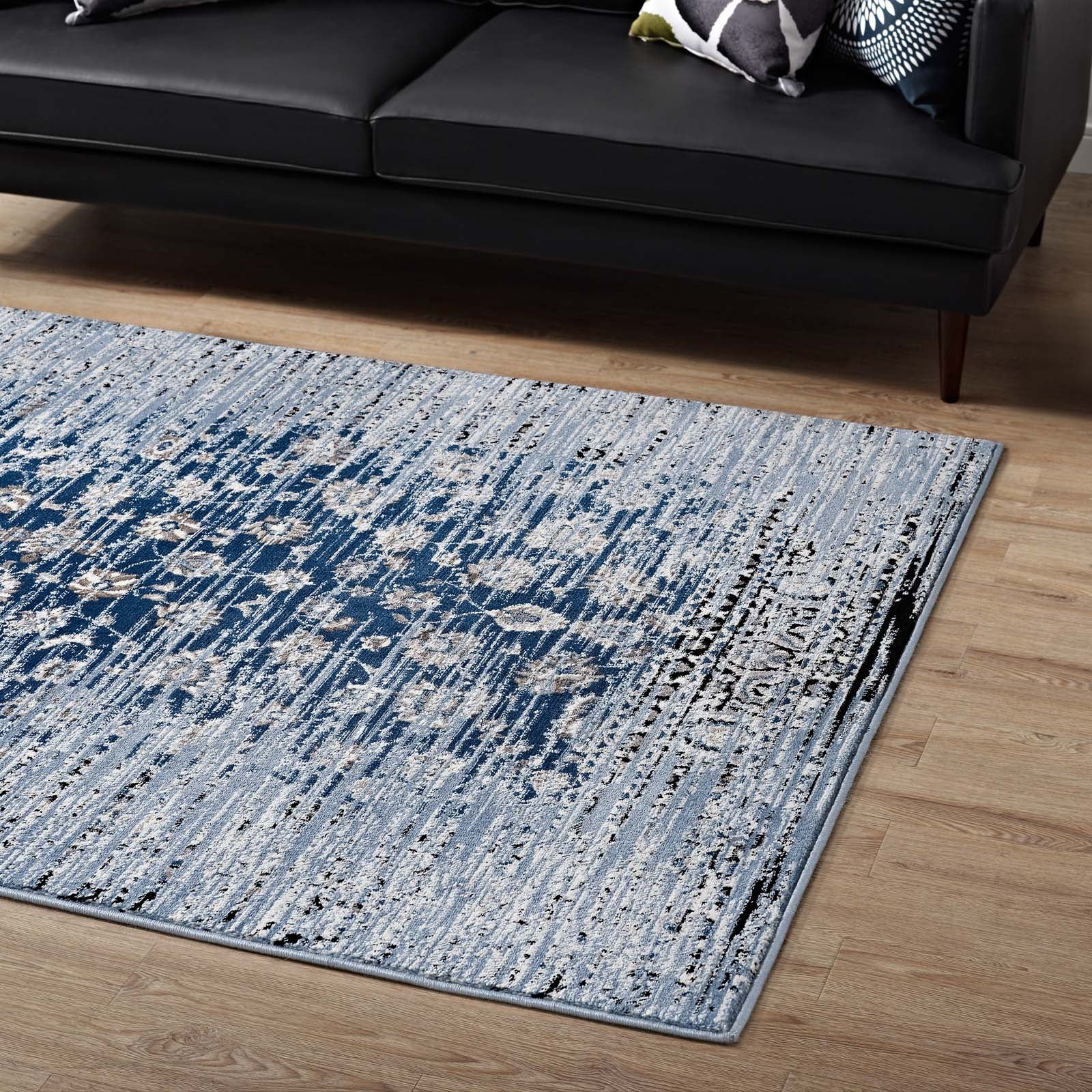 Modway Indoor Rugs - Chiara Distressed Floral Lattice Contemporary 8x10 Area Rug Moroccan Blue
