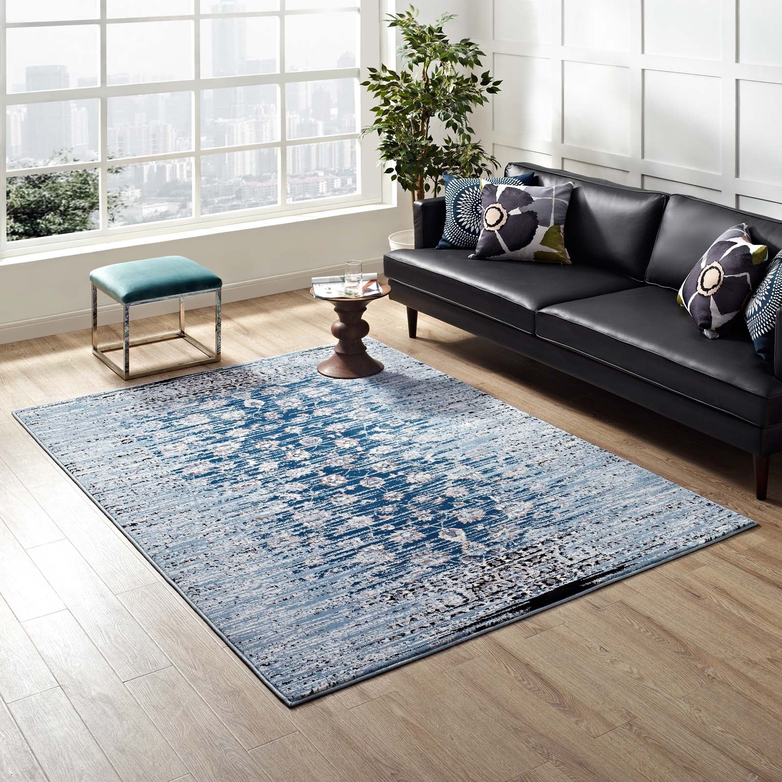 Modway Indoor Rugs - Chiara Distressed Floral Lattice Contemporary 8x10 Area Rug Moroccan Blue