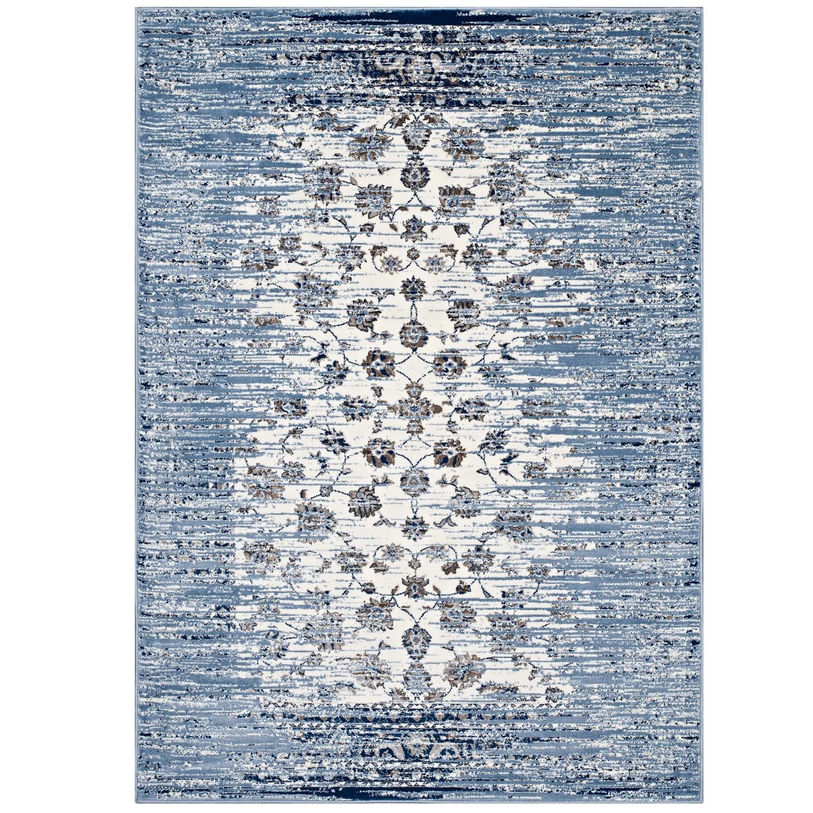 Modway Indoor Rugs - Chiara Distressed Floral Lattice Contemporary 5x8 Area Rug Moroccan Blue & Ivory