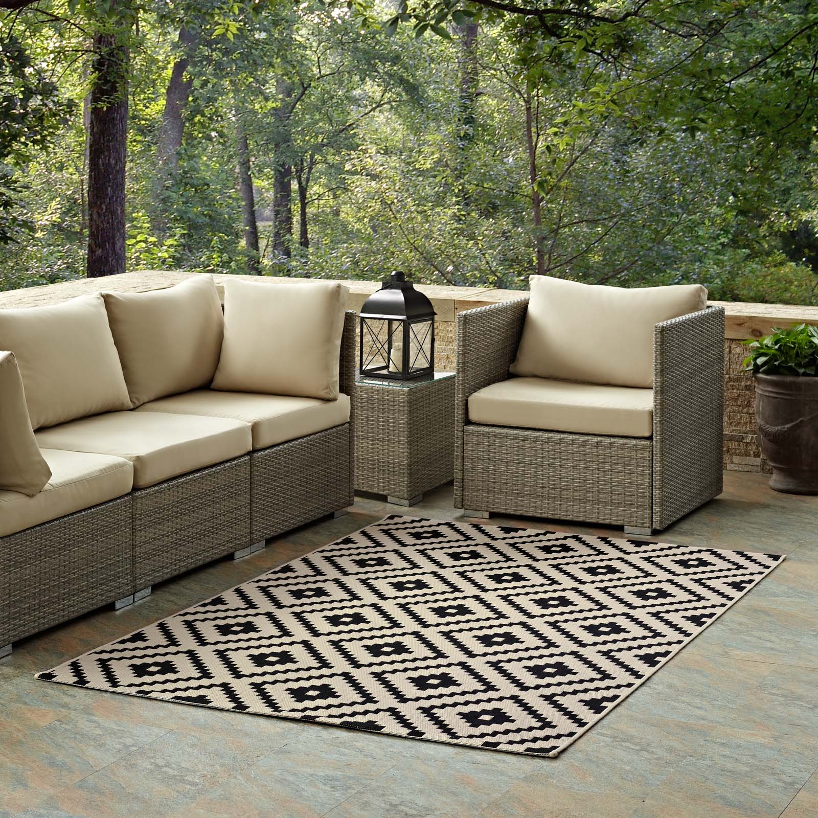 Modway Indoor Rugs - Perplex Geometric Diamond Trellis 9x12 Indoor and Outdoor Area Rug Black and Beige
