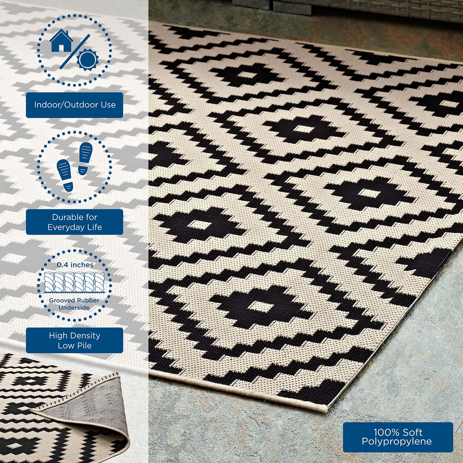 Modway Indoor Rugs - Perplex Geometric Diamond Trellis 9x12 Indoor and Outdoor Area Rug Black and Beige