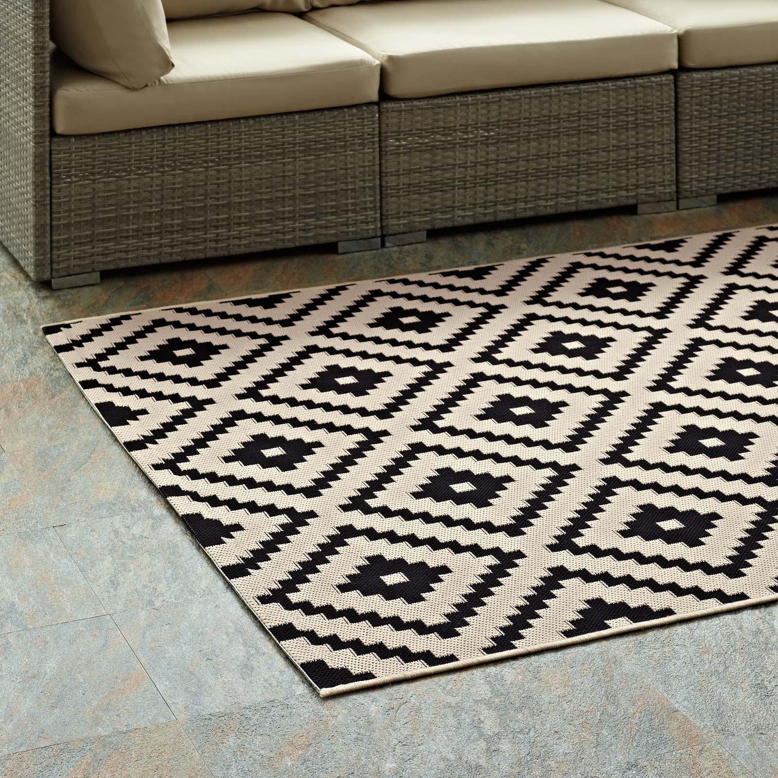 Modway Indoor Rugs - Perplex Geometric Diamond Trellis 9x12 Indoor and Outdoor Area Rug Black and Beige