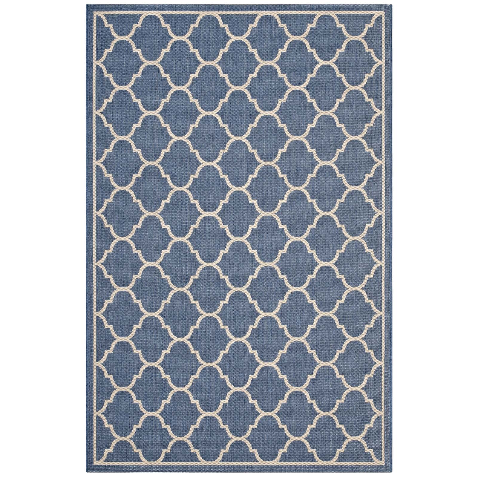 Modway Outdoor Rugs - Avena Moroccan Quatrefoil Trellis 5x8 Indoor and Outdoor Area Rug Blue & Beige
