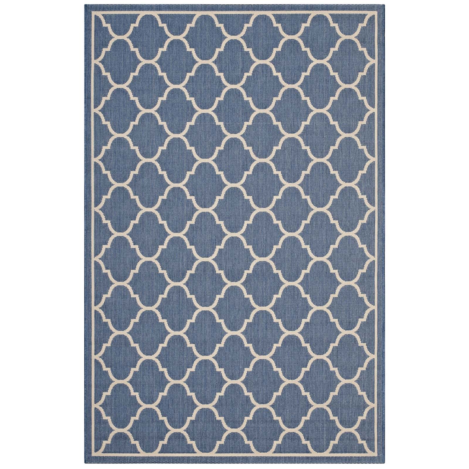 Modway Outdoor Rugs - Avena Moroccan Quatrefoil Trellis 5x8 Indoor and Outdoor Area Rug Blue & Beige