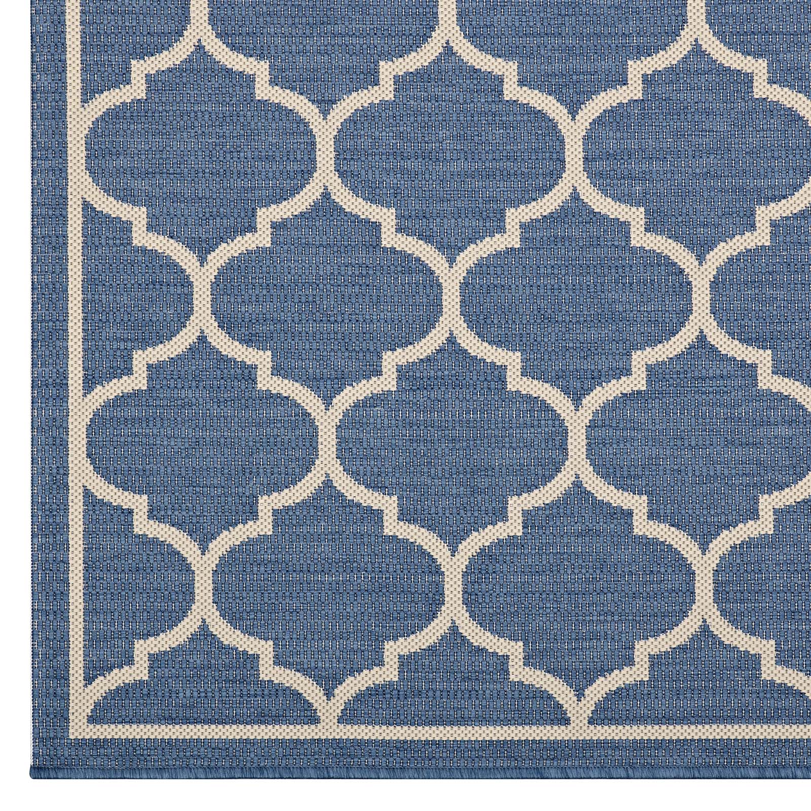 Modway Outdoor Rugs - Avena Moroccan Quatrefoil Trellis 5x8 Indoor and Outdoor Area Rug Blue & Beige