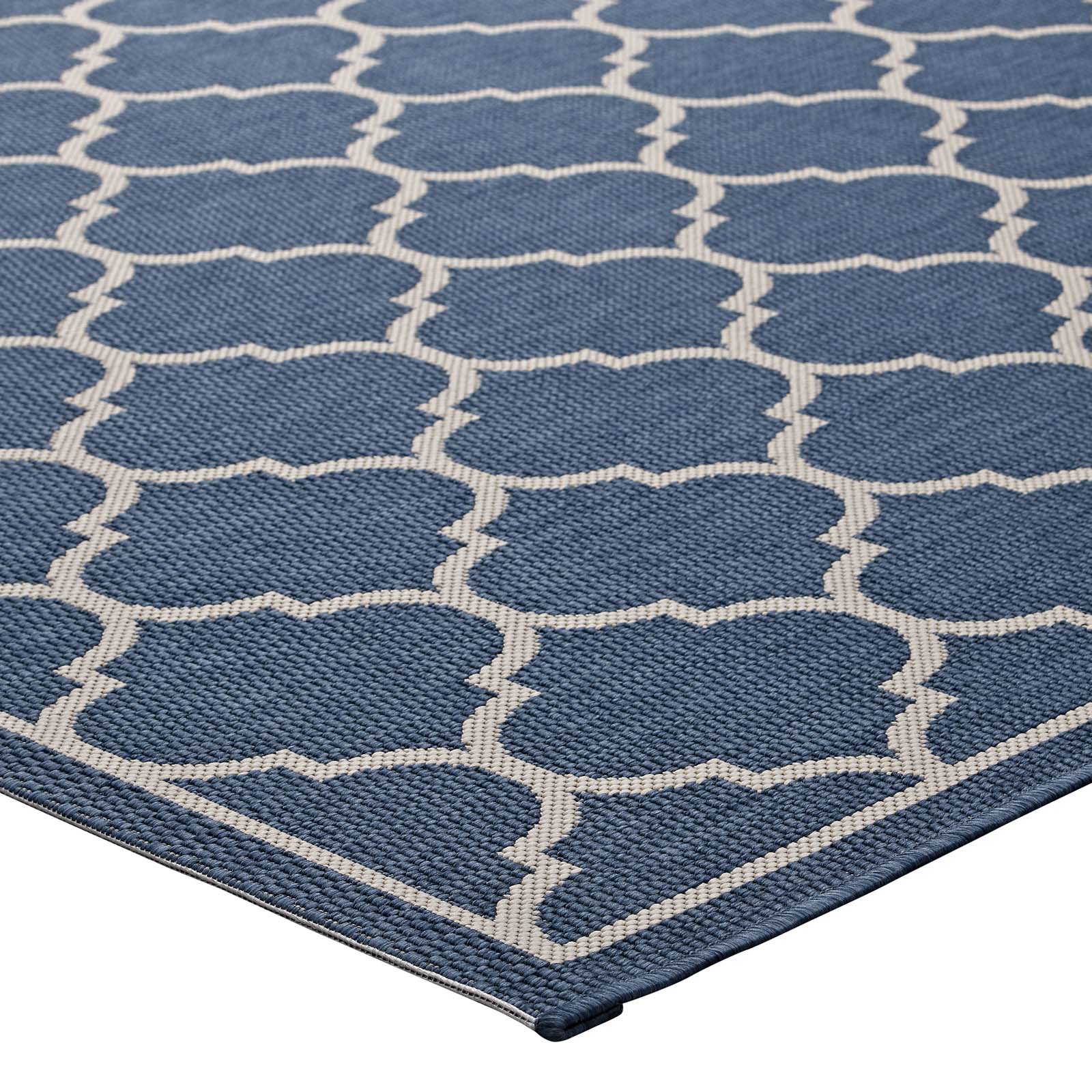 Modway Outdoor Rugs - Avena Moroccan Quatrefoil Trellis 5x8 Indoor and Outdoor Area Rug Blue & Beige