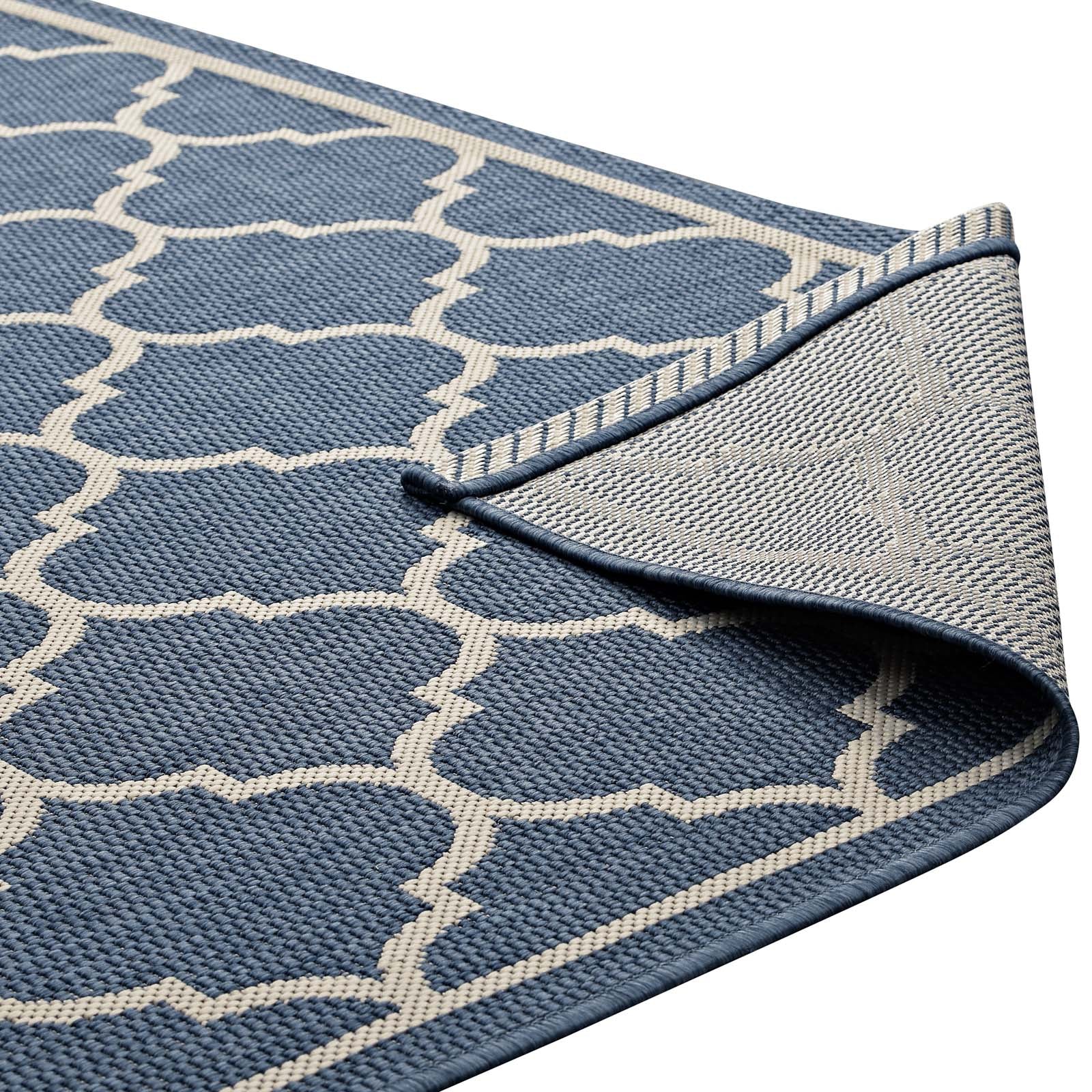 Modway Outdoor Rugs - Avena Moroccan Quatrefoil Trellis 5x8 Indoor and Outdoor Area Rug Blue & Beige