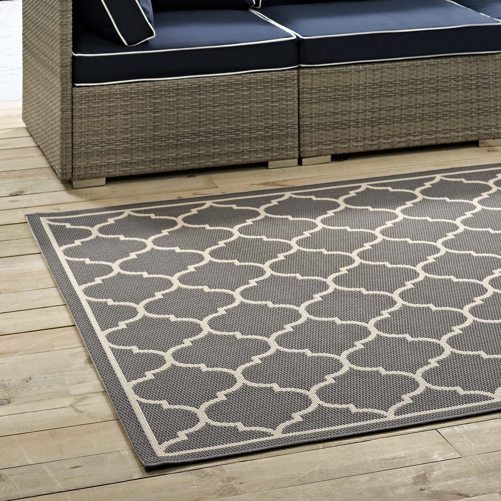 Modway Outdoor Rugs - Avena Moroccan Quatrefoil Trellis 5x8 Indoor and Outdoor Area Rug Gray & Beige