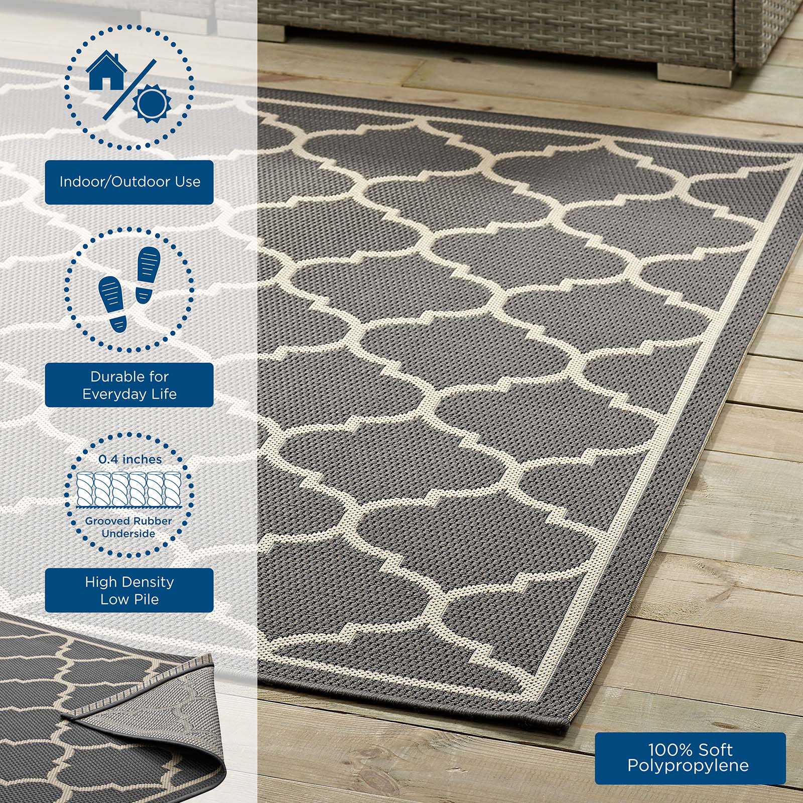 Modway Indoor Rugs - Avena Moroccan Quatrefoil Trellis 9x12 Indoor and Outdoor Area Rug Gray and Beige