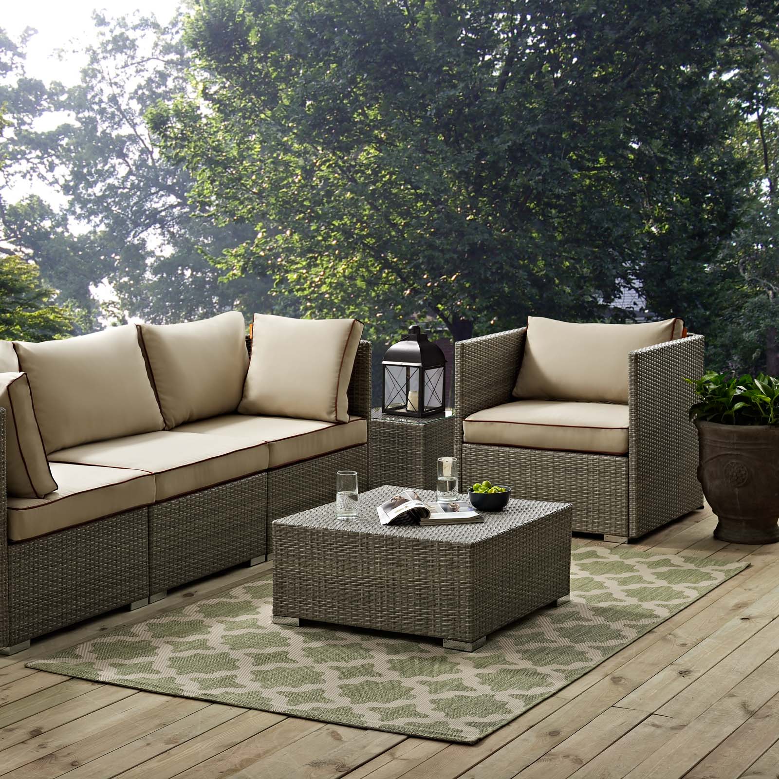 Modway Indoor Rugs - Cerelia Moroccan Trellis 4x6 Indoor and Outdoor Area Rug Beige and Light Green