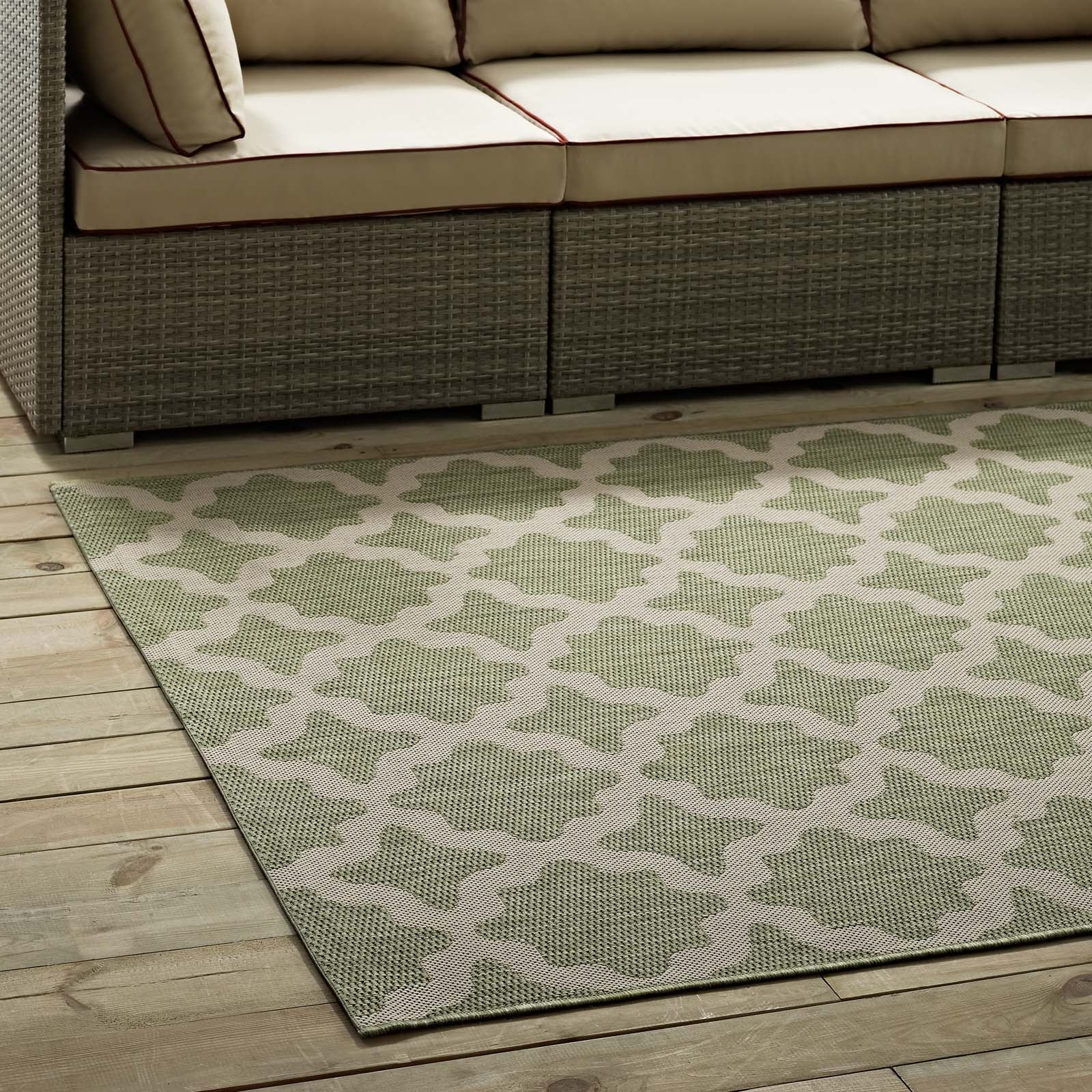 Modway Outdoor Rugs - Cerelia Moroccan Trellis 5x8 Indoor and Outdoor Area Rug Beige & Light Green