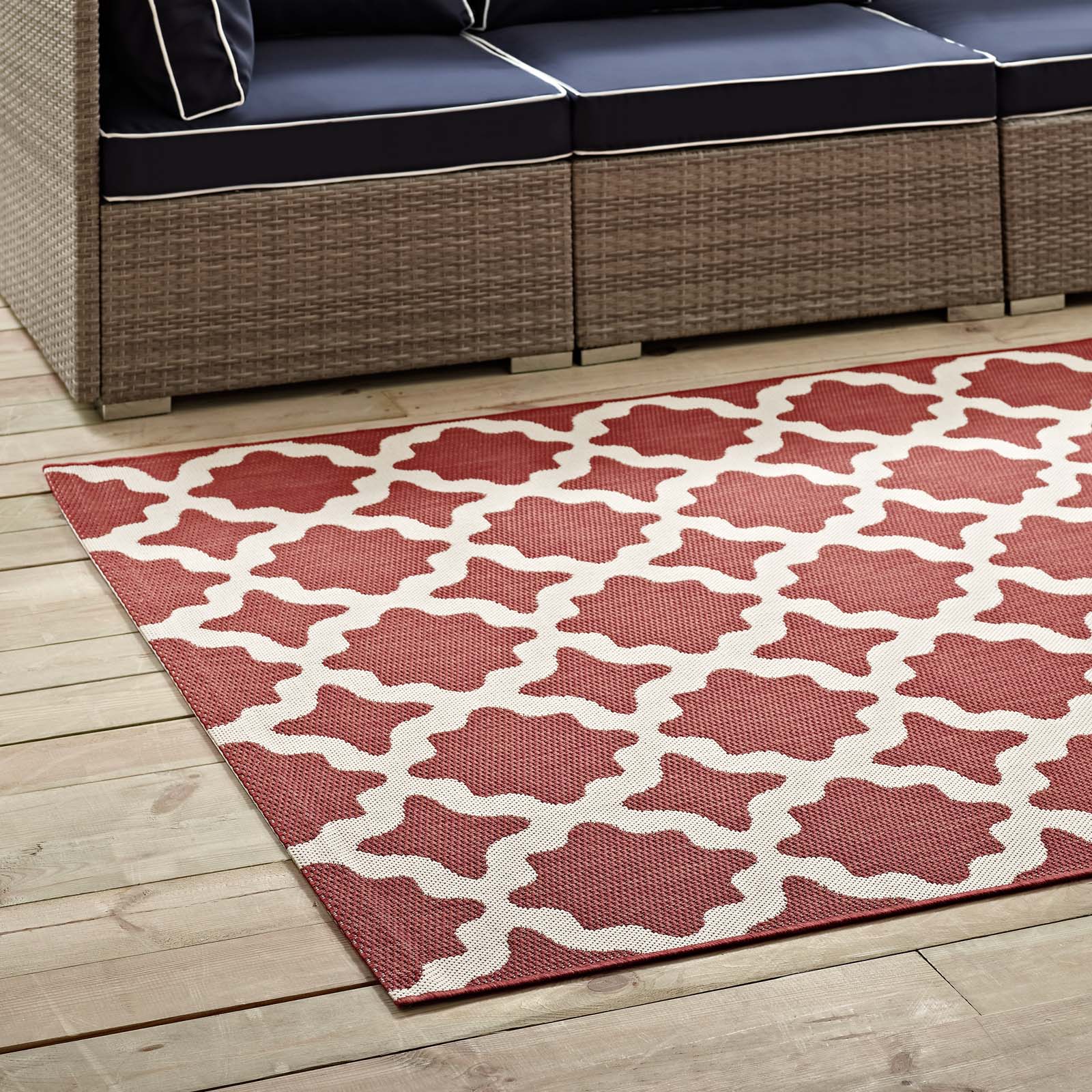 Modway Outdoor Rugs - Cerelia Moroccan Trellis 5x8 Indoor and Outdoor Area Rug Red & Beige