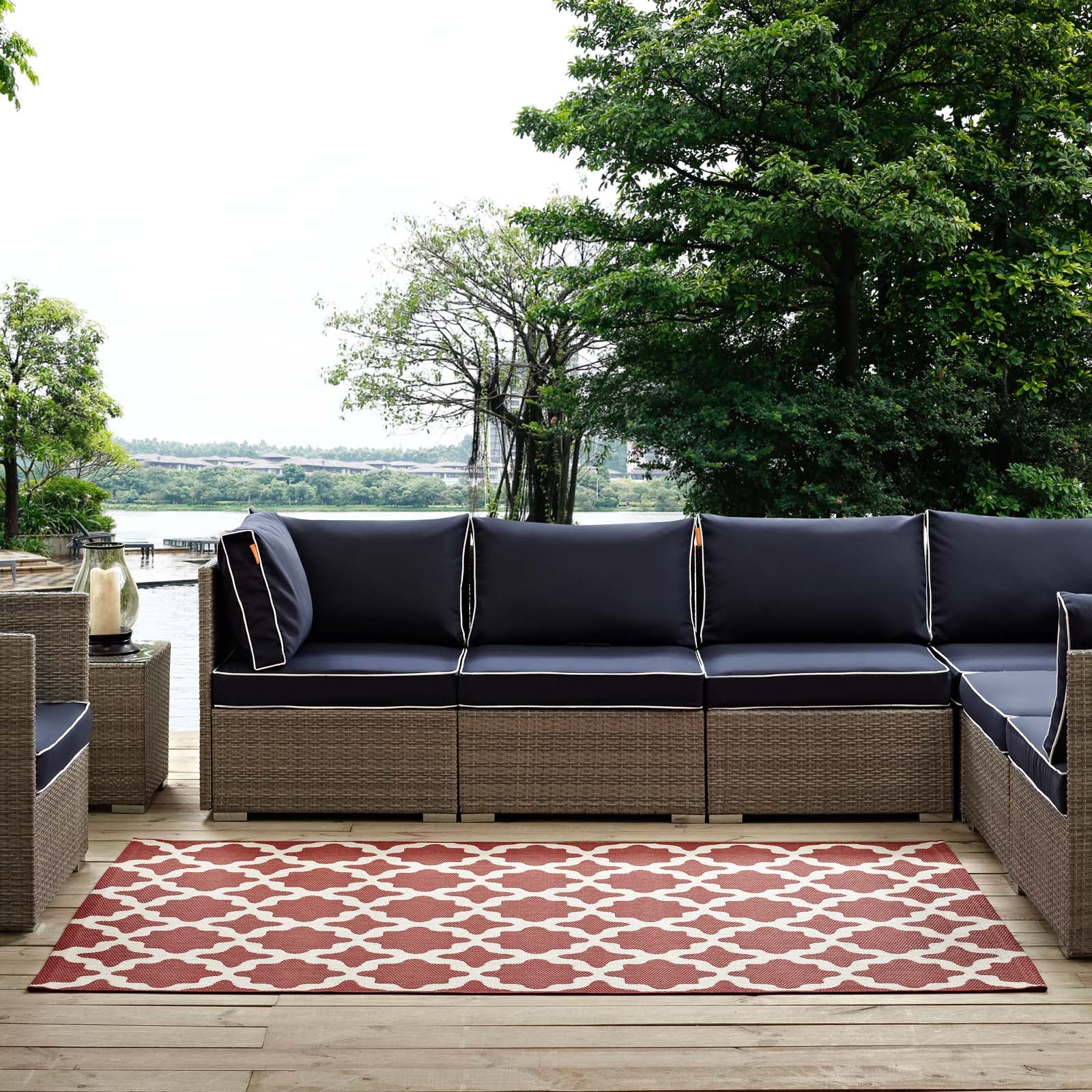 Modway Outdoor Rugs - Cerelia Moroccan Trellis 5x8 Indoor and Outdoor Area Rug Red & Beige