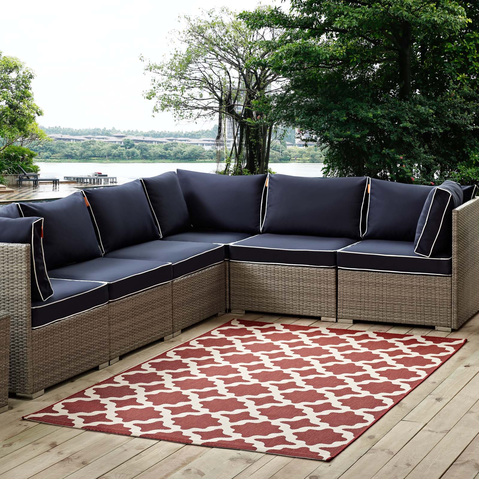 Modway Outdoor Rugs - Cerelia Moroccan Trellis 5x8 Indoor and Outdoor Area Rug Red & Beige