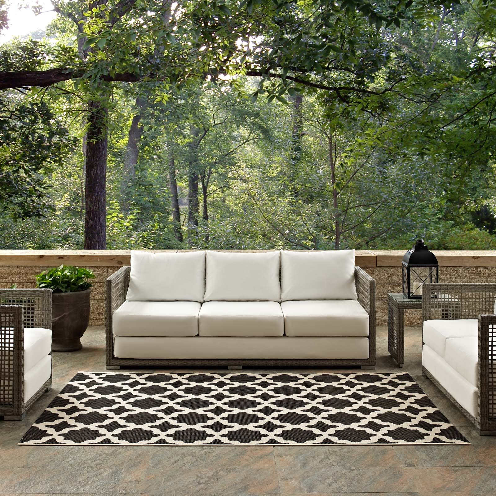 Modway Outdoor Rugs - Cerelia Trellis 8'x10' Indoor and Outdoor Area Rug Black & Beige