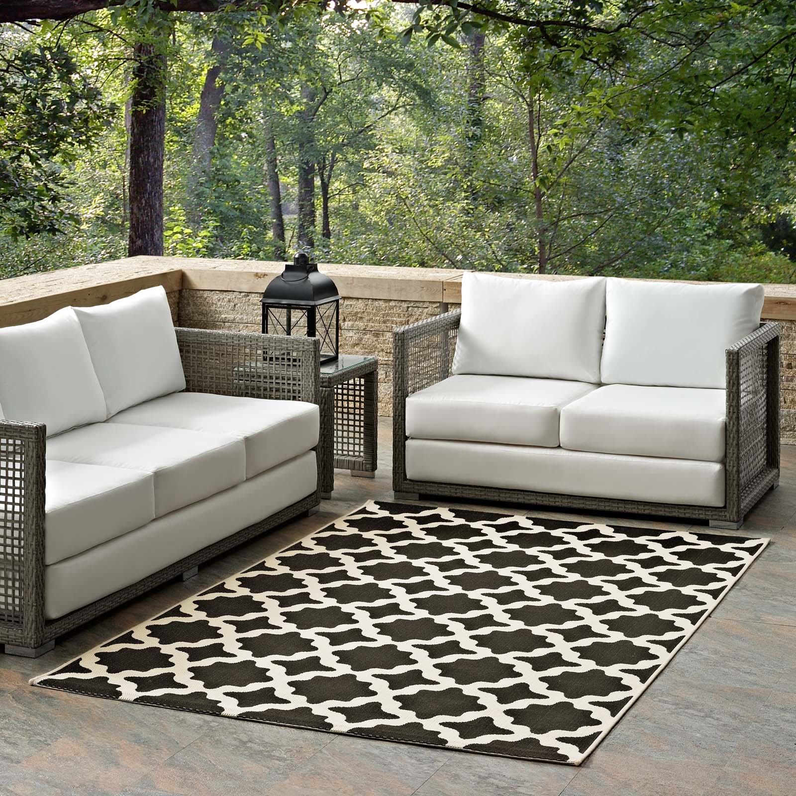 Modway Outdoor Rugs - Cerelia Trellis 8'x10' Indoor and Outdoor Area Rug Black & Beige