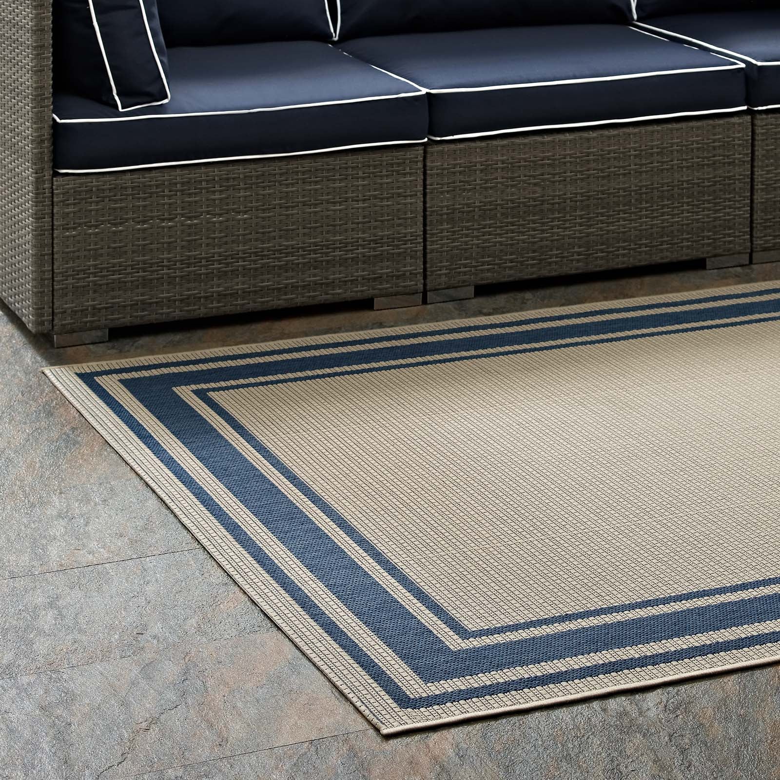Modway Outdoor Rugs - Rim Solid Border 5'x8' Indoor and Outdoor Area Rug Blue & Beige