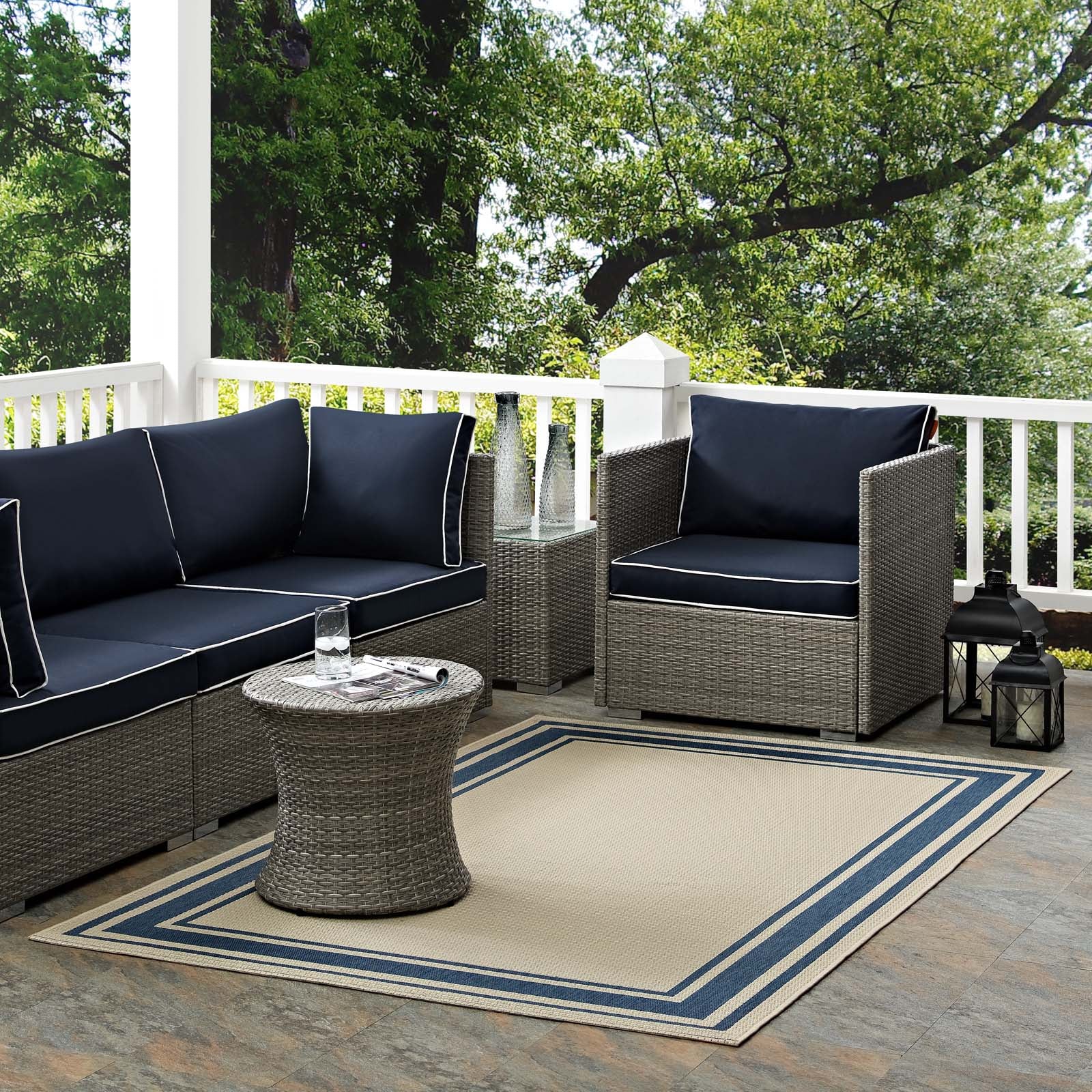 Modway Outdoor Rugs - Rim Solid Border 8'x10' Indoor and Outdoor Area Rug Blue & Beige